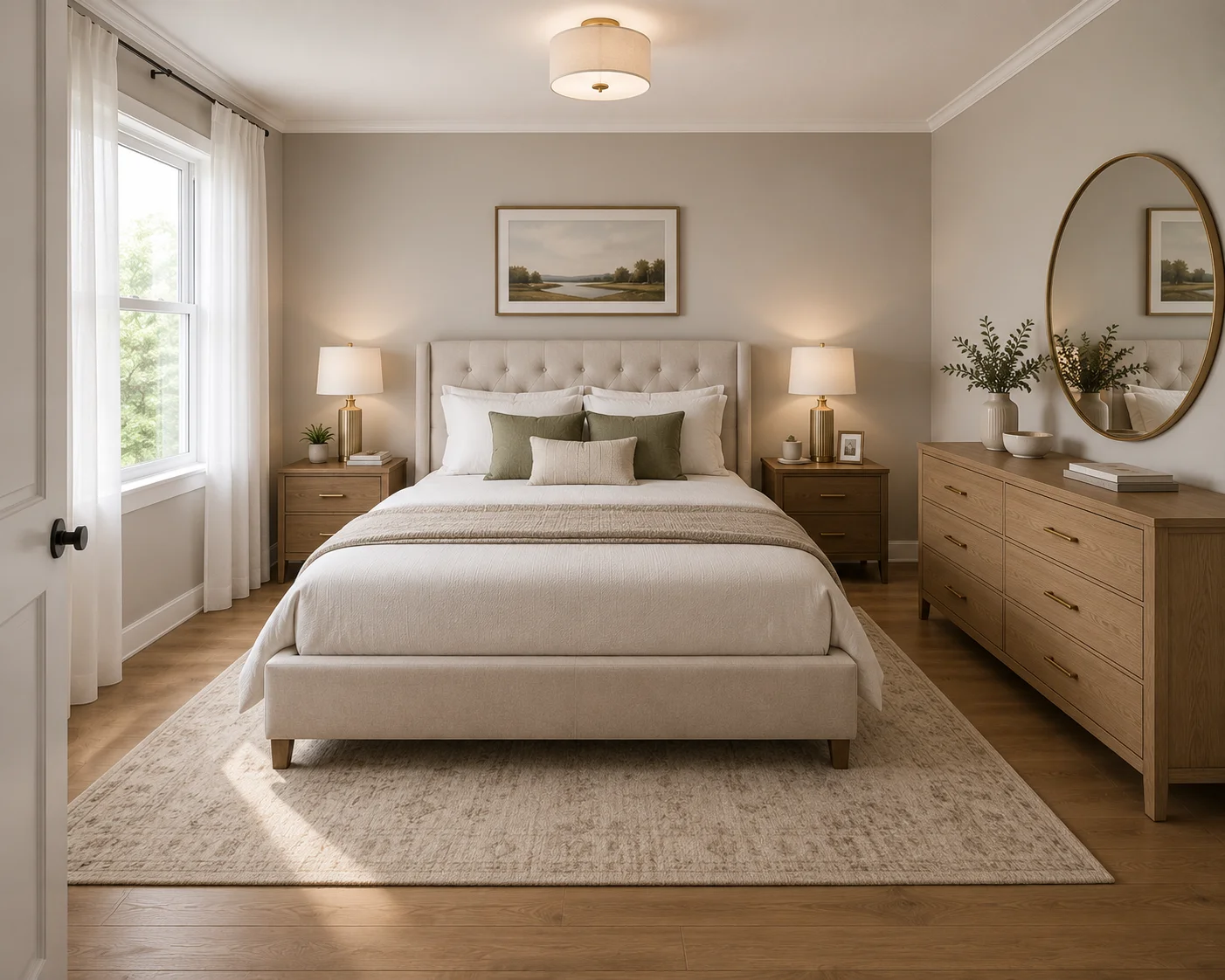 AI-rendered modern bedroom interior showing a well-proportioned 10x12 foot room with queen bed, nightstands, dresser, and warm neutral wall color — demonstrating how digital design tools help visualize bedroom dimensions and layouts