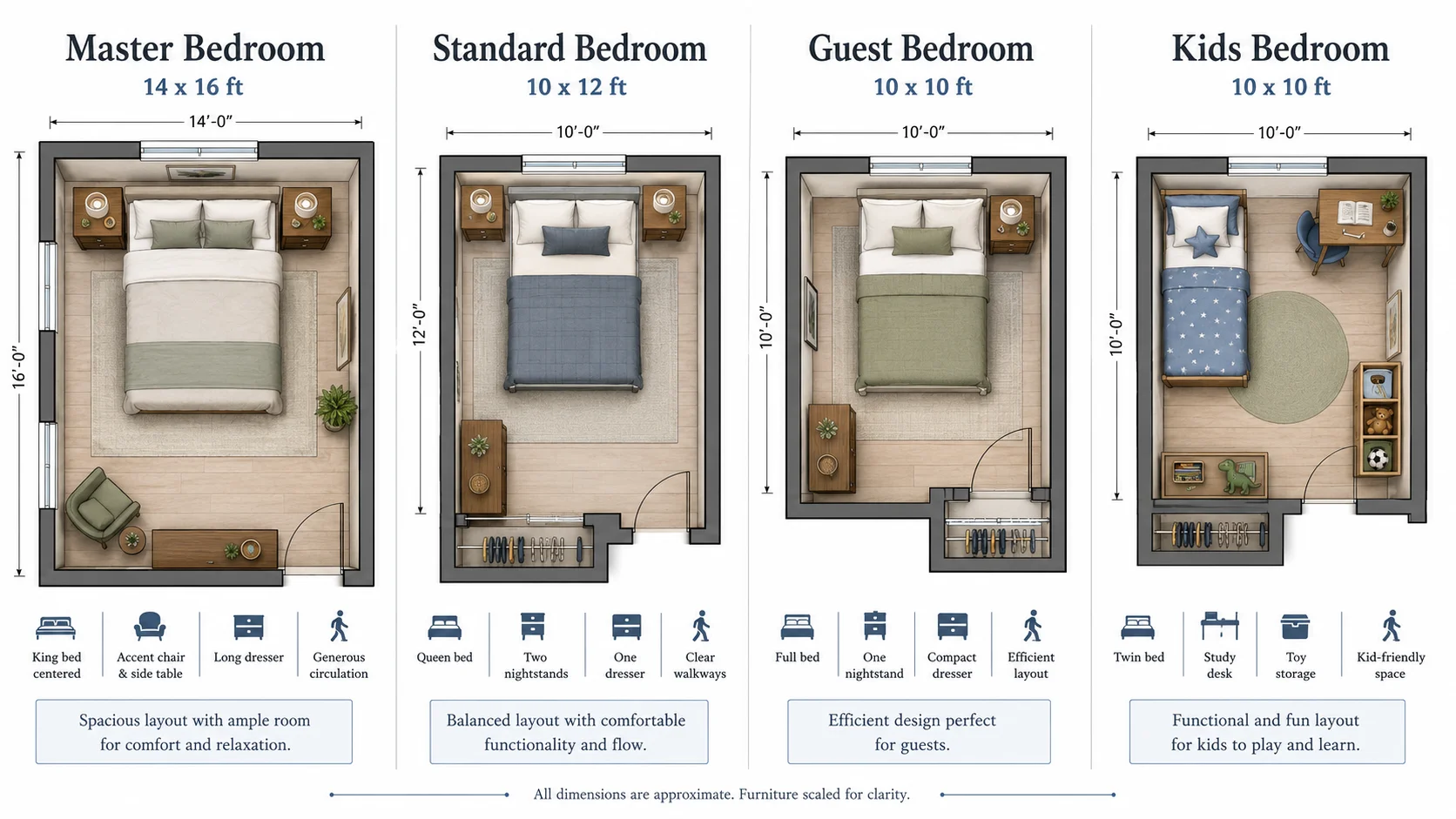 Side-by-side comparison infographic showing master, standard, guest, and kids bedroom dimensions with furniture layout overlays