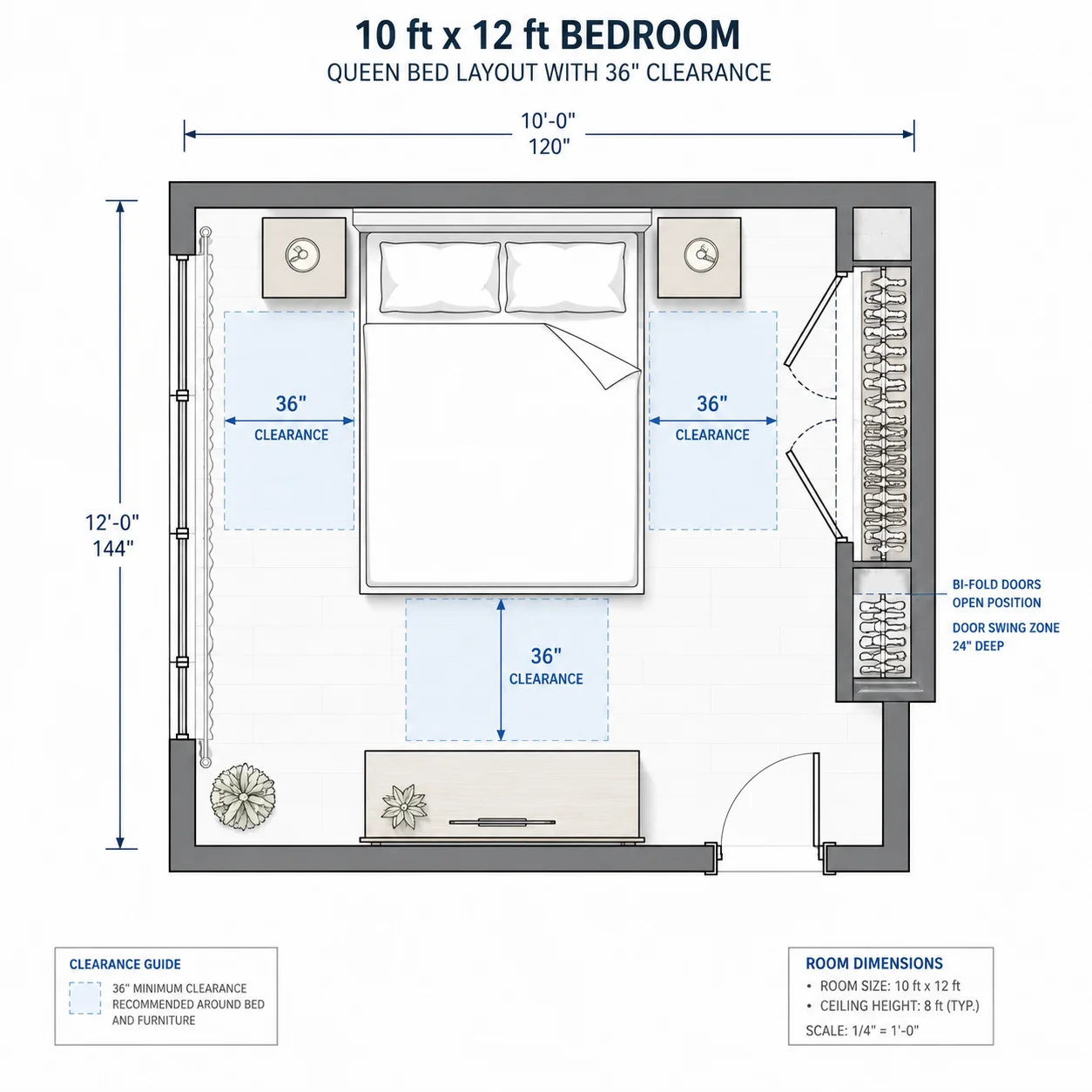 Bedroom floor plan with dimension arrows showing 36-inch walkway clearance around queen bed, 36 inches in front of dresser, and proper door swing zone