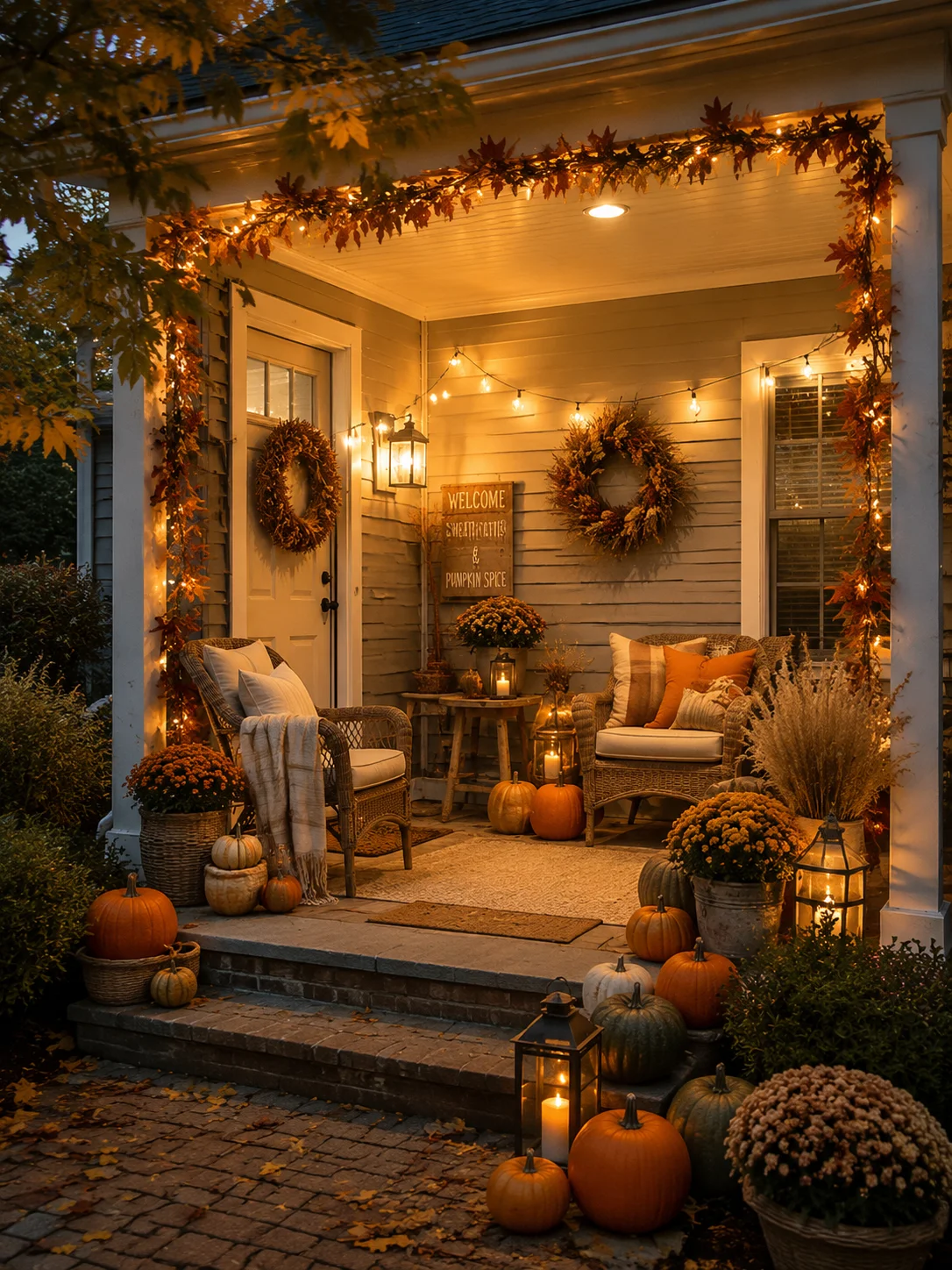 Cozy fall front porch decorating ideas with pumpkins, warm lighting, and seasonal foliage