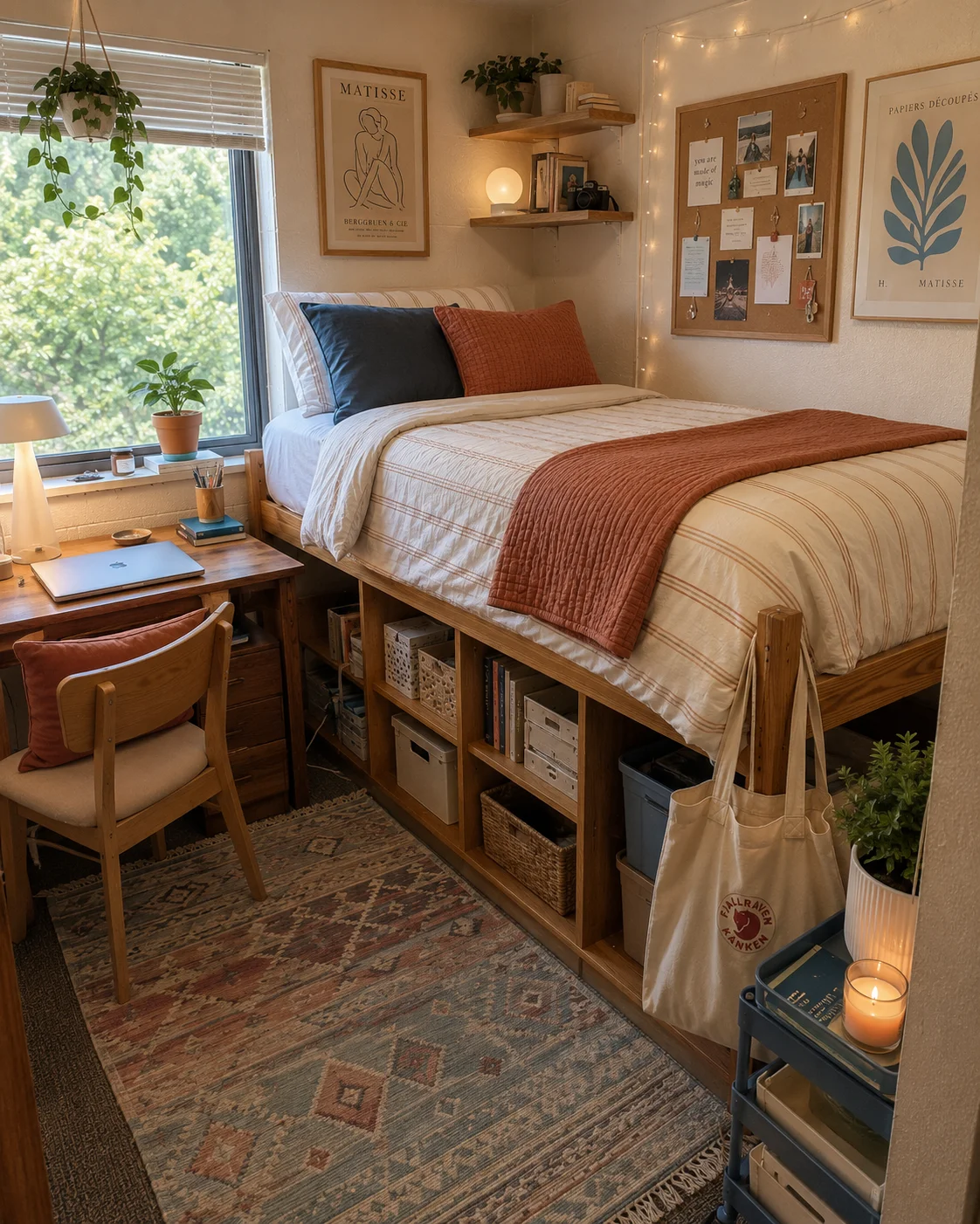 Dorm room bedding and decor ideas with cozy neutral aesthetic and warm lighting