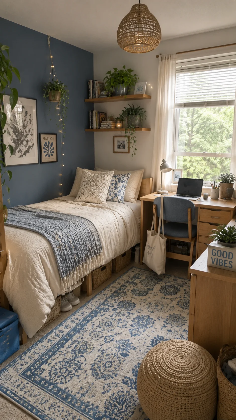 Dorm room decor ideas with cozy bedding, wall art, warm lighting, and a neutral color scheme