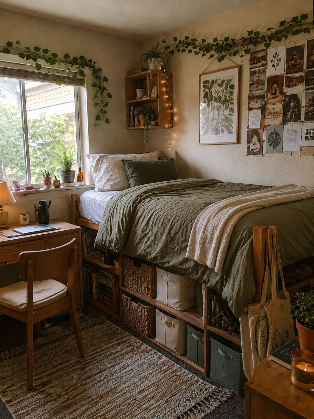 Dorm room ideas for a small college room with a bed, desk, storage, and warm lighting