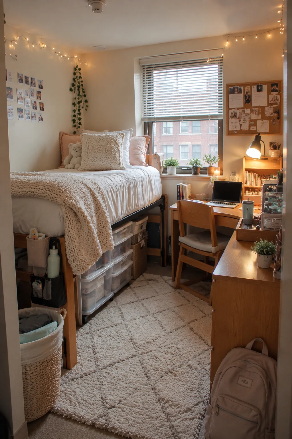 Dorm room layout planning with bed and desk placement in a small college room