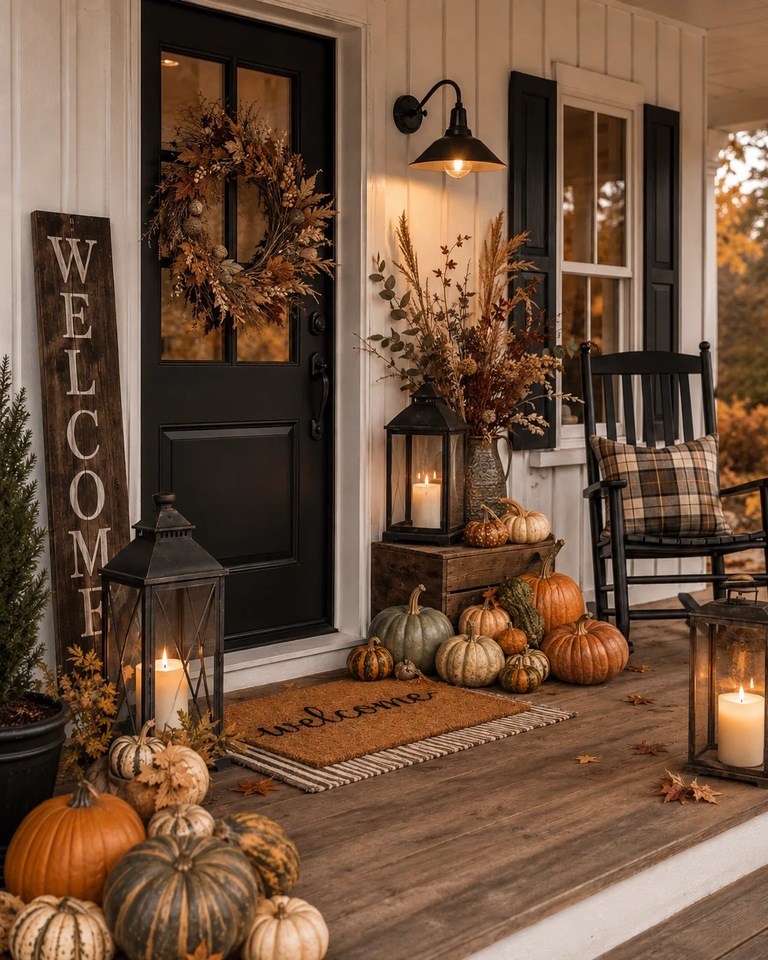 Budget fall porch decorating ideas with pumpkins, baskets, lantern, and natural dried grasses