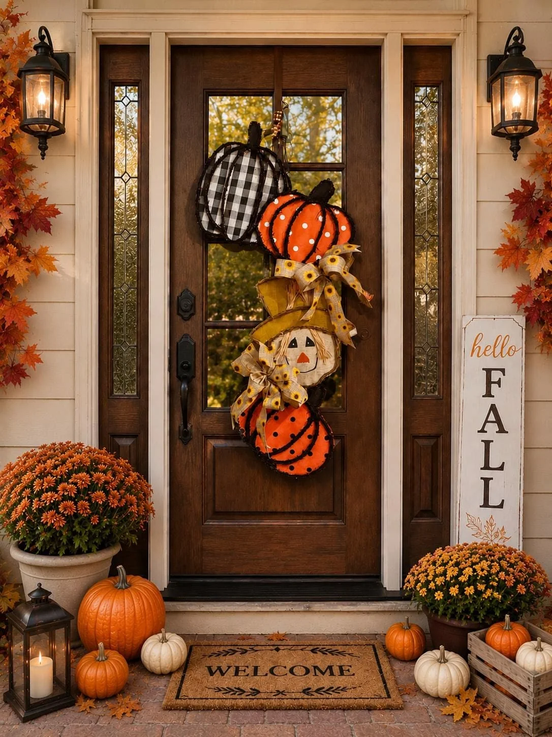 Fall color palette front porch styling with pumpkins, wood textures, and warm neutral tones
