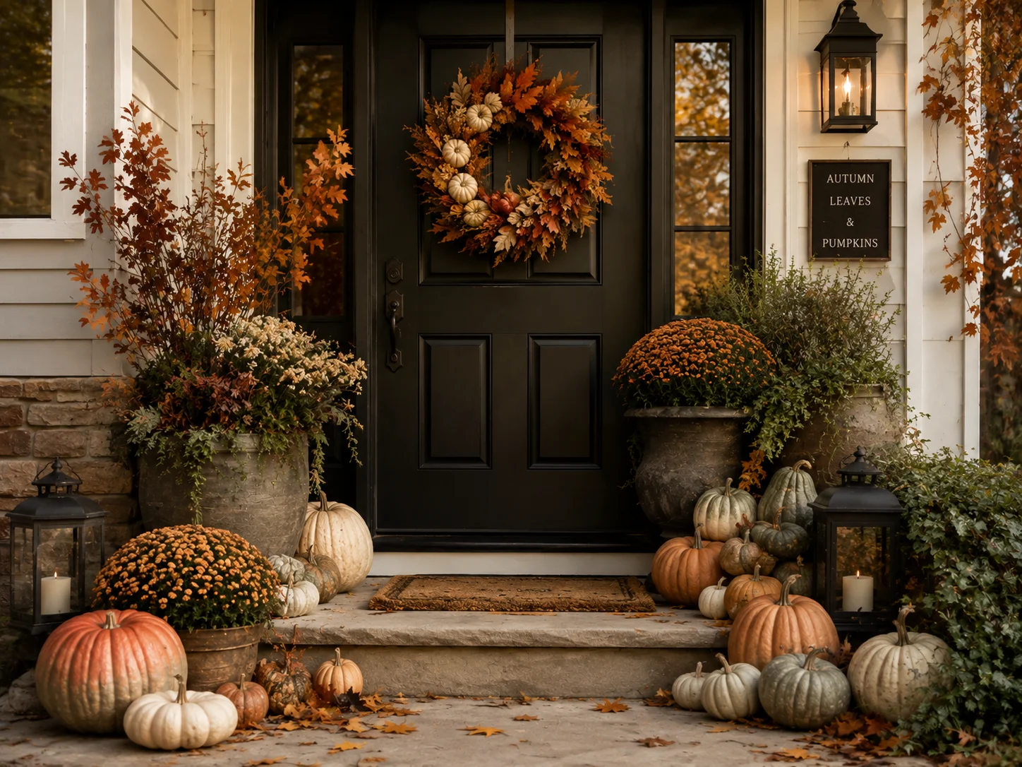 Integrated fall porch design blending house exterior, landscaping, and seasonal decor naturally
