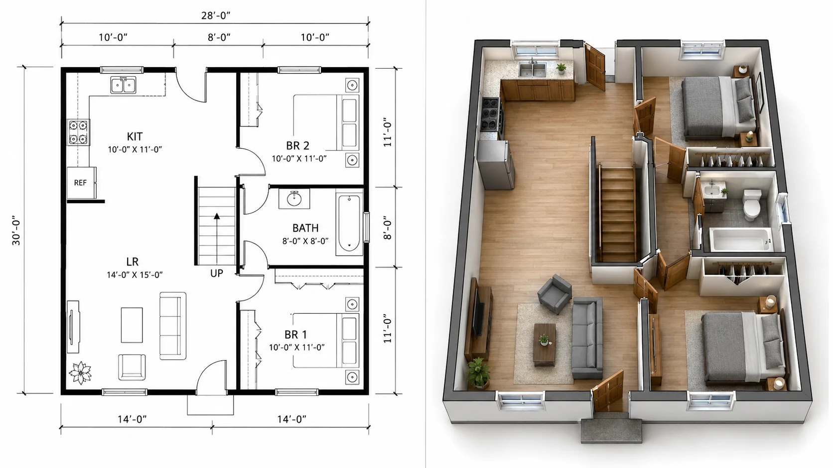 Split comparison showing a traditional 2D floor plan with symbols on the left and an AI-generated 3D floor plan rendering of the same layout on the right, highlighting how 3D eliminates symbol interpretation