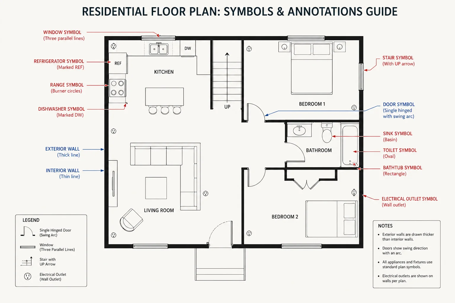 Annotated residential floor plan with callout labels identifying door symbols, window symbols, wall types, stair indicators, and kitchen fixture symbols across a full home layout