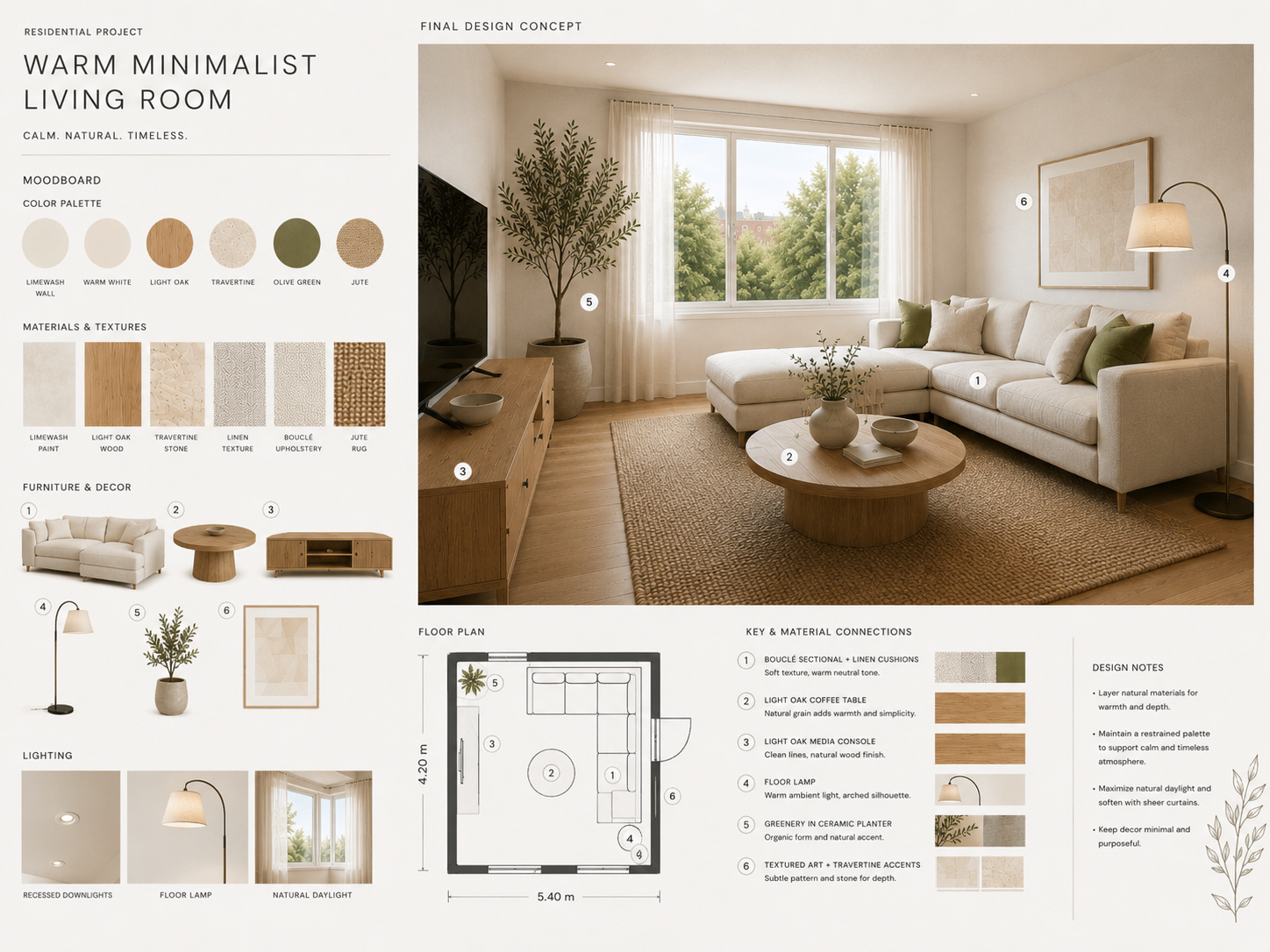 Interior design moodboard connected to a final room visual for a portfolio project