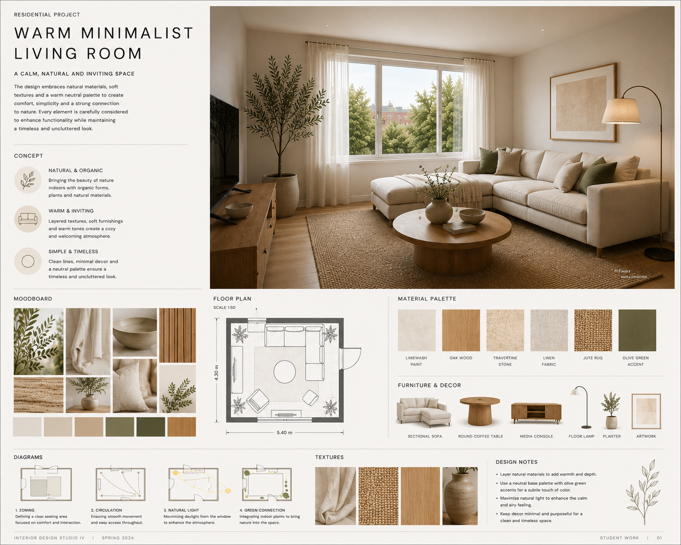 Interior design portfolio project layout with a hero render, floor plan, material palette, and project notes