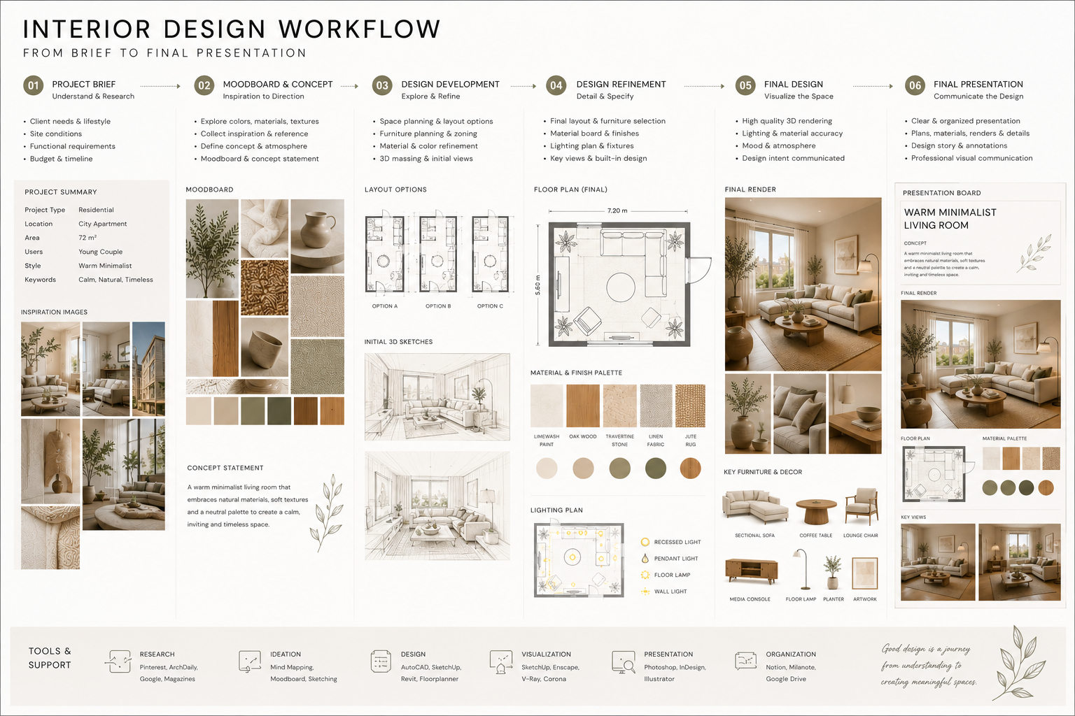 Interior design project workflow from brief and moodboard to design development, final visual, and portfolio presentation