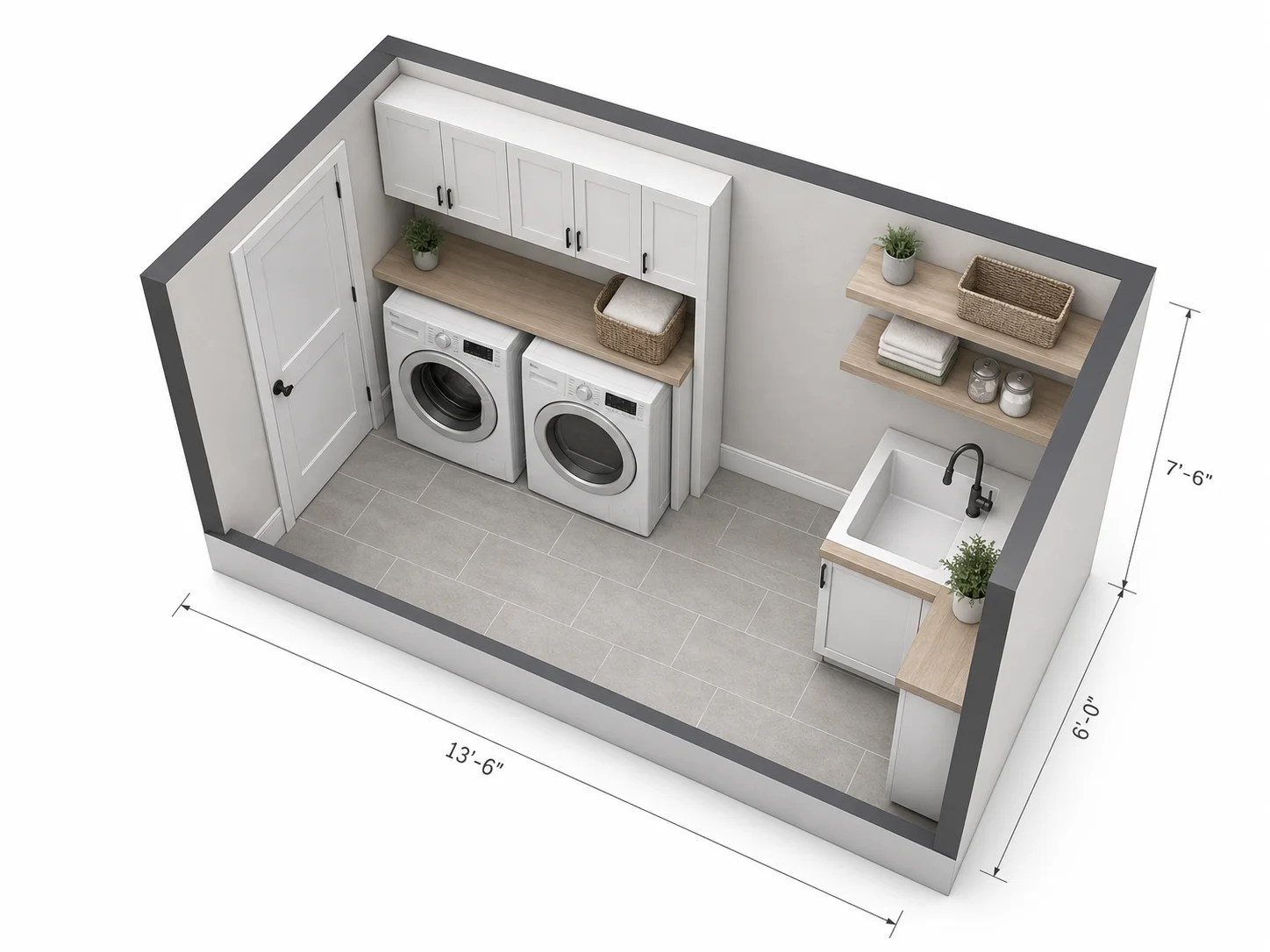 3D floor plan visualization of a laundry room layout generated by AI design software showing appliance placement and cabinet arrangement