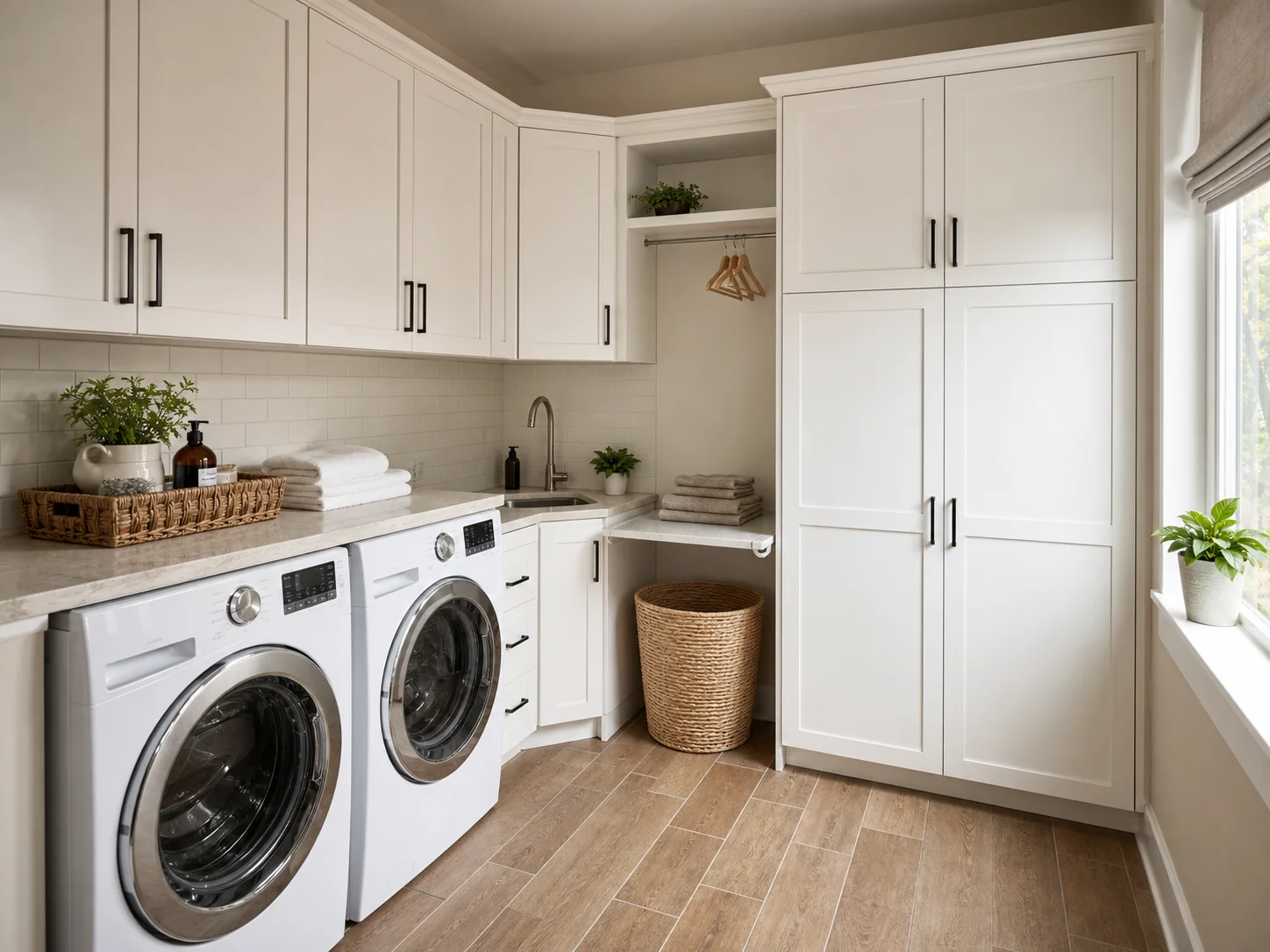 Galley-style laundry room floor plan with washer and dryer on one wall and storage shelving and utility sink on the opposite wall
