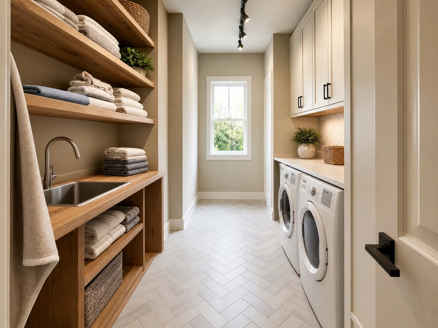 L-shaped laundry room floor plan with corner storage cabinet, side-by-side machines, and separate folding zone