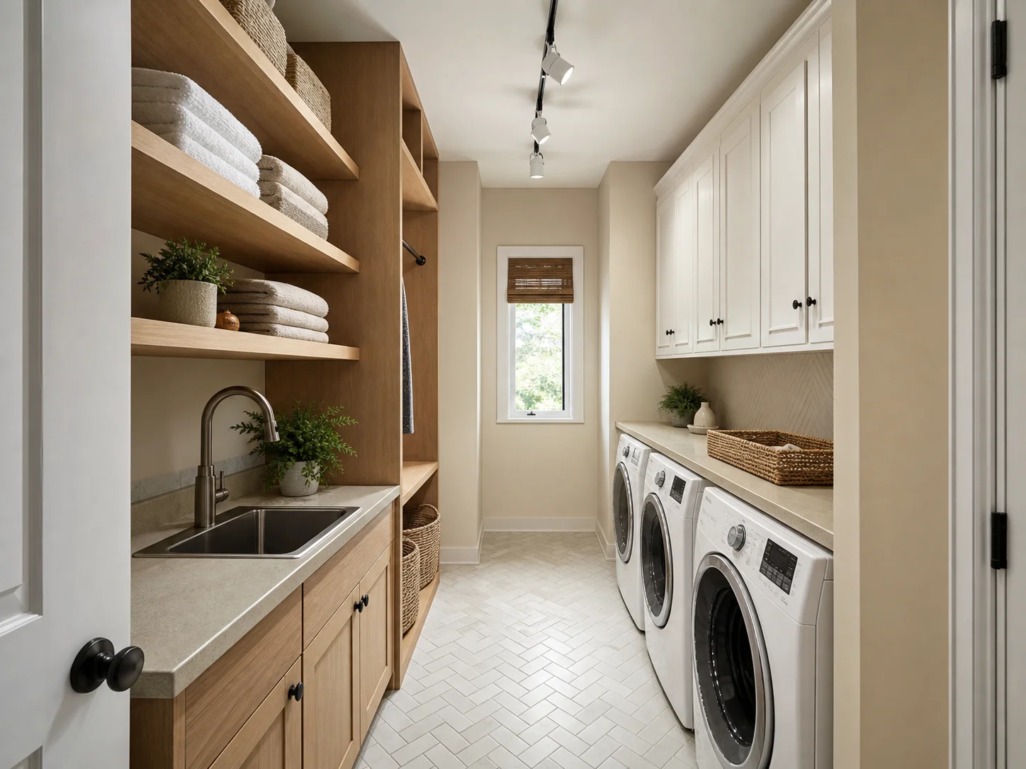 Side-by-side washer and dryer laundry room layout with overhead cabinets and a continuous folding counter spanning both machines