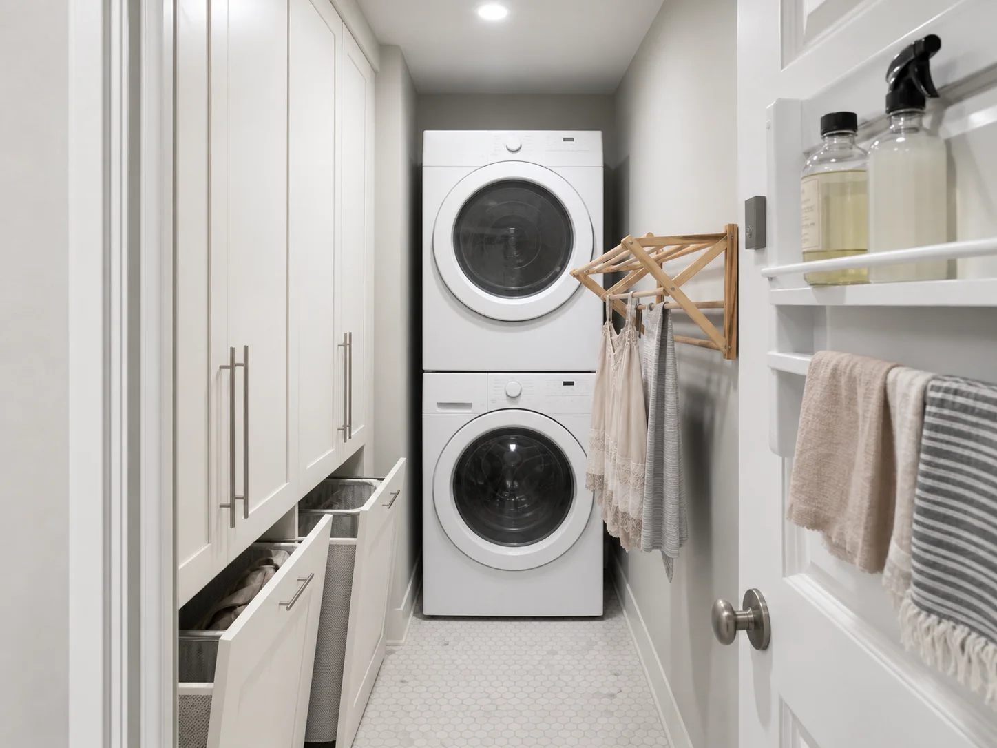 Compact laundry room layout with stacked appliances, pull-out hamper drawers, wall-mounted drying rack, and vertical shelving