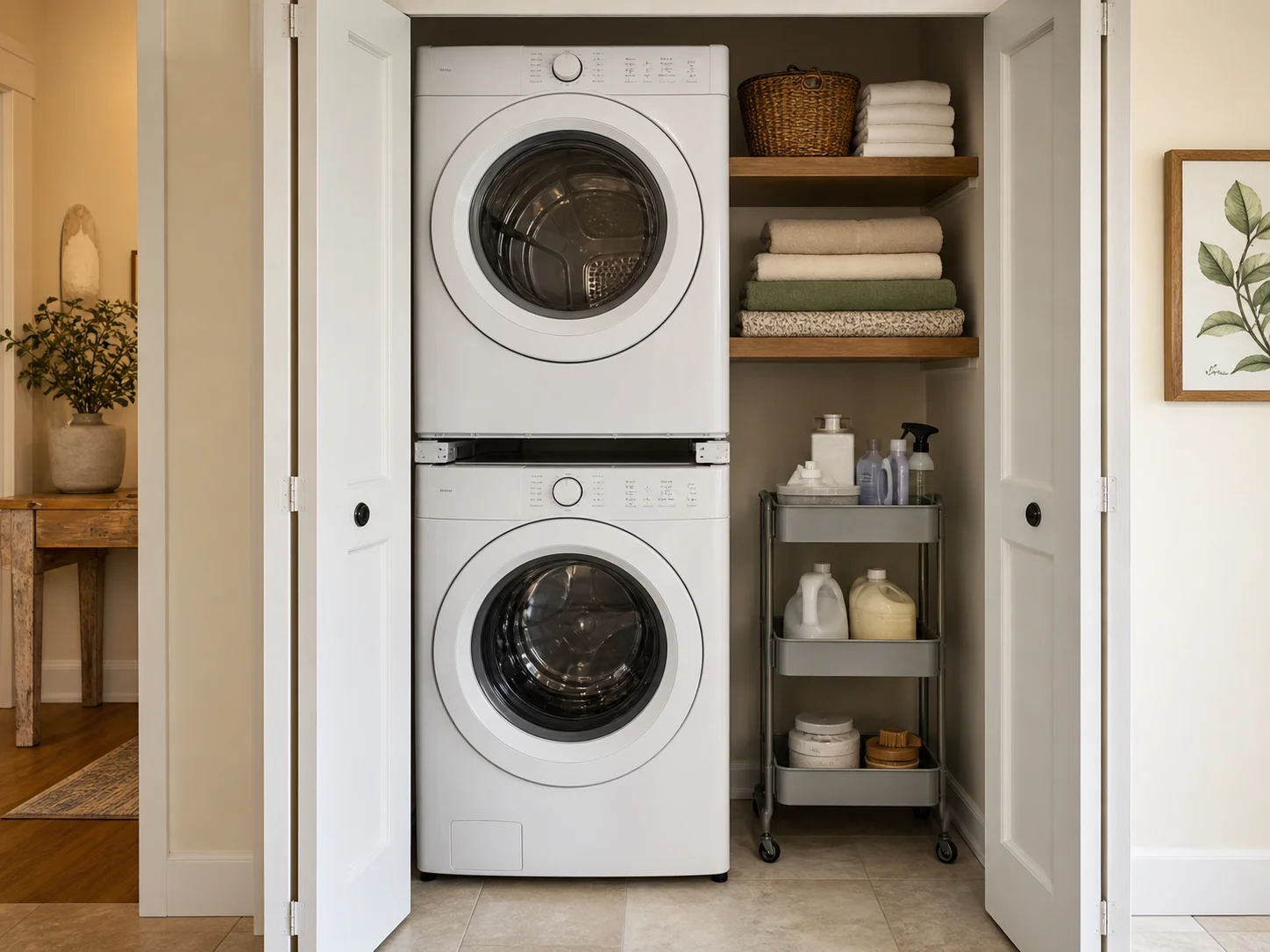 Stacked washer and dryer in a small laundry room with vertical shelving and pull-out storage cart
