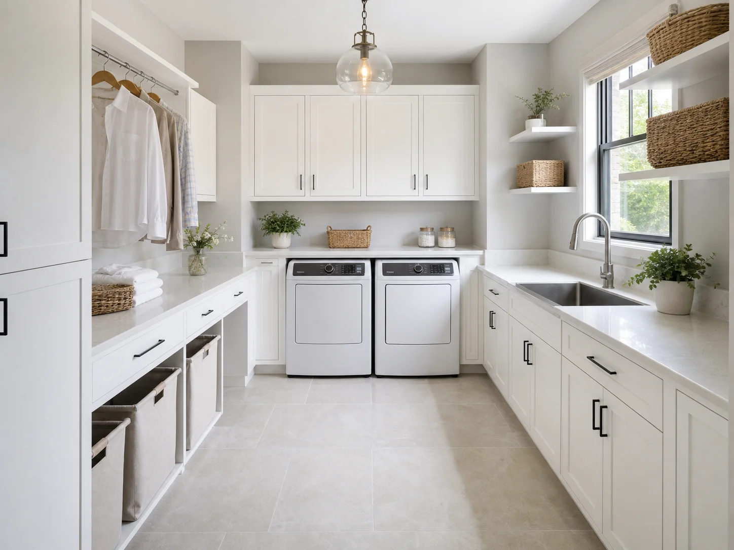 U-shaped laundry room layout with three walls of cabinetry, washer and dryer on one wall, plus utility sink and central workspace