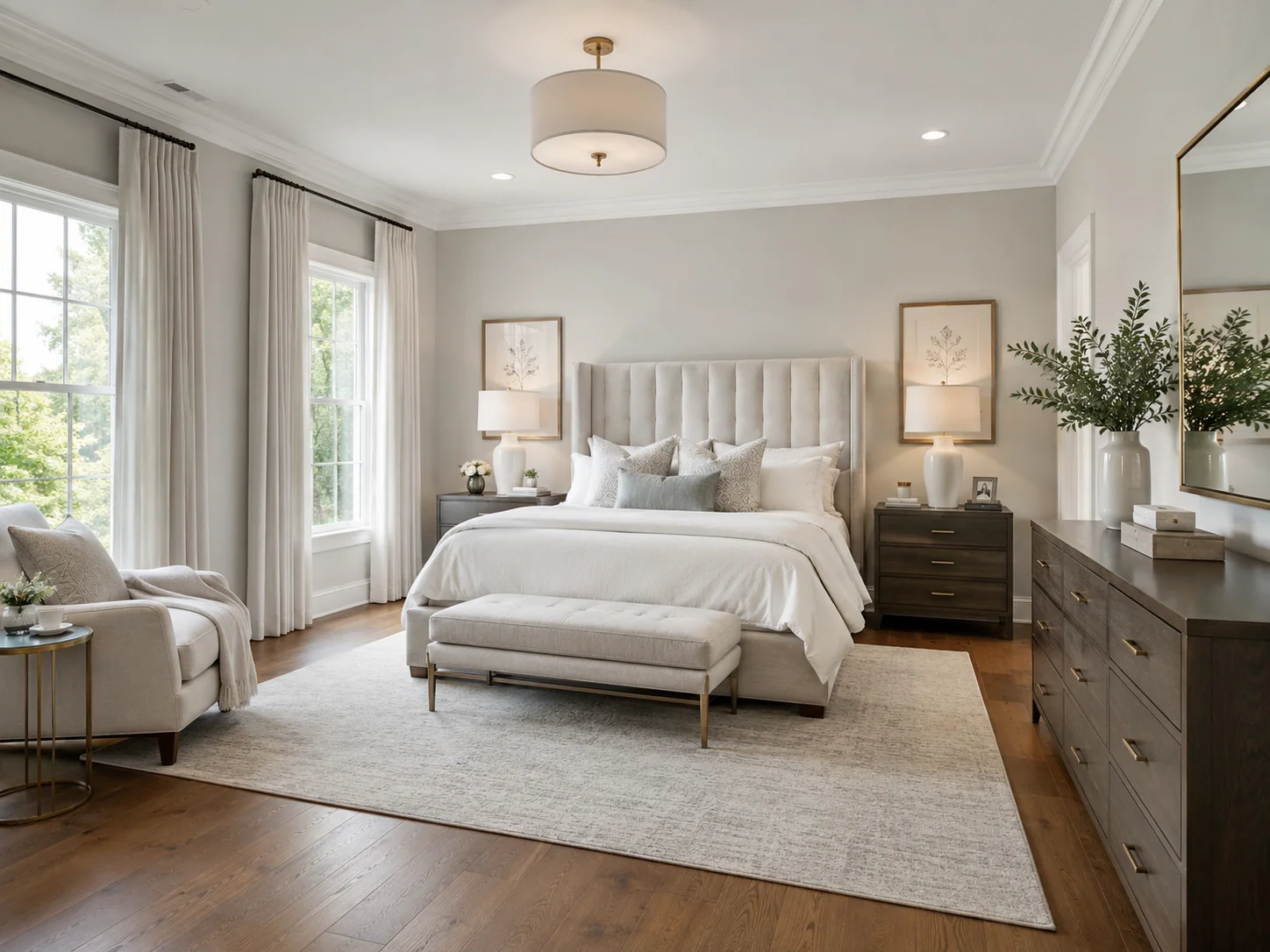 Spacious master bedroom with king-size bed centered on main wall, two nightstands, dresser, and sitting chair showing standard 14x16 ft bedroom dimensions