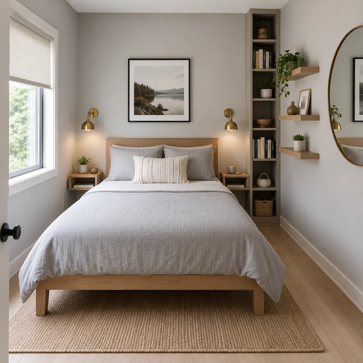 Compact 10x10 foot bedroom with full-size bed, wall-mounted sconces, floating shelves, and a large mirror reflecting natural window light