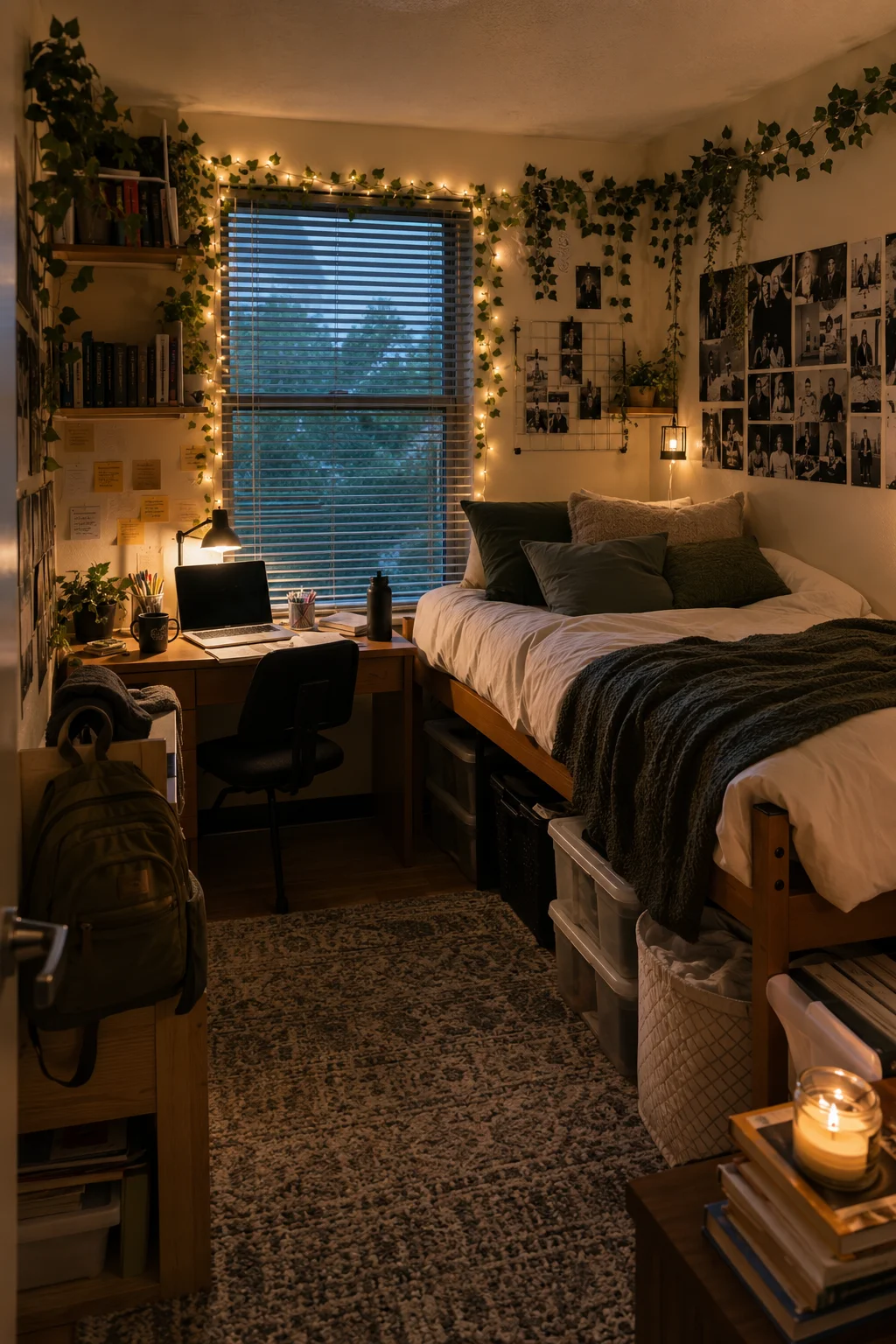 Small dorm room storage ideas using under-bed bins and vertical shelving
