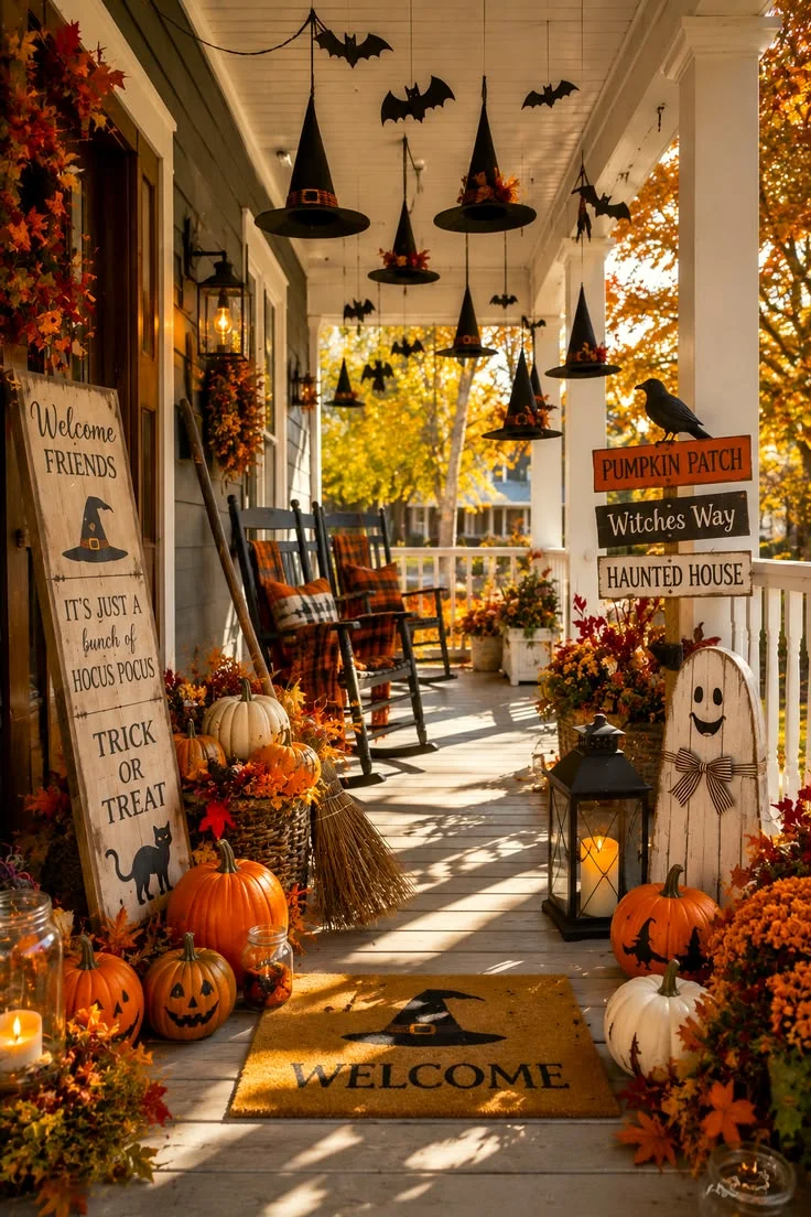 Small front porch fall decorating ideas with vertical styling, wreath, and compact pumpkin arrangement
