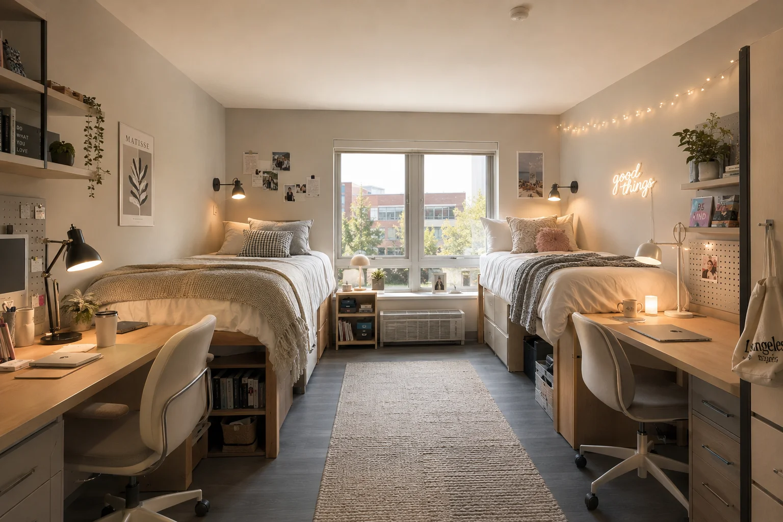 Two-person dorm room layout with separate beds and desks and a clear central walkway