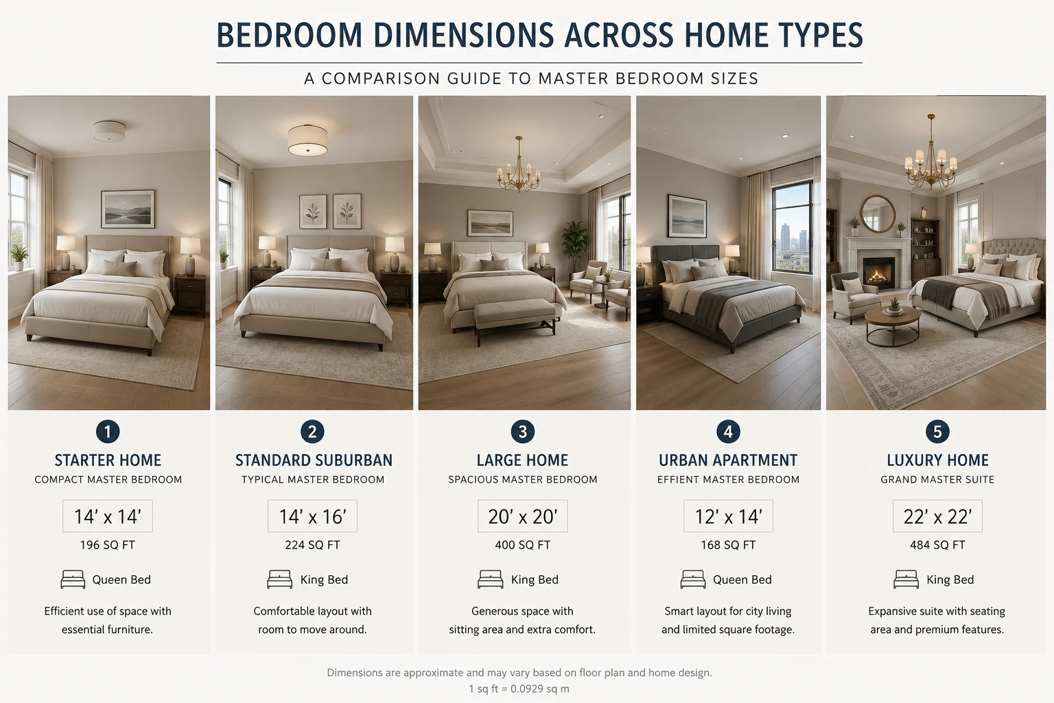 Comparison graphic showing bedroom sizes across different home types from starter homes to luxury custom builds with dimension labels