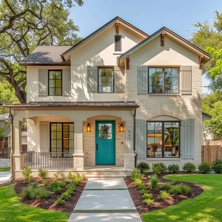 Modern two-story villa with white walls, large windows, a recessed balcony and a wood entrance screen.