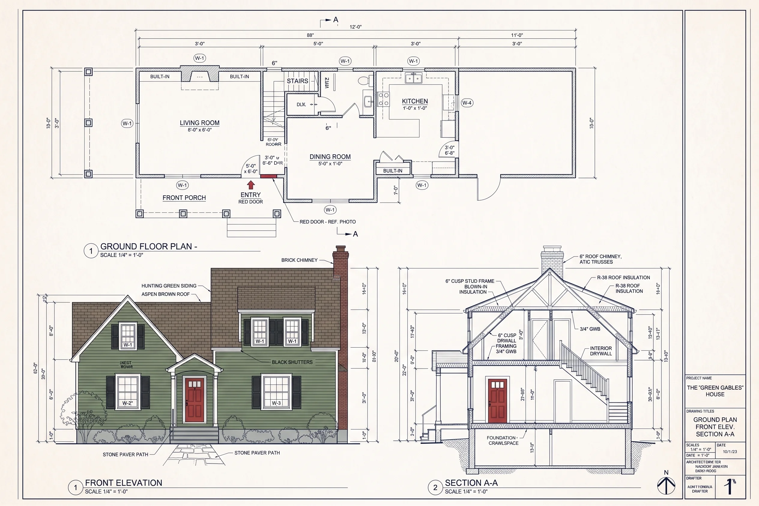 Blueprint-style drawing of a residential house showing its roof, balcony, windows and entrance.