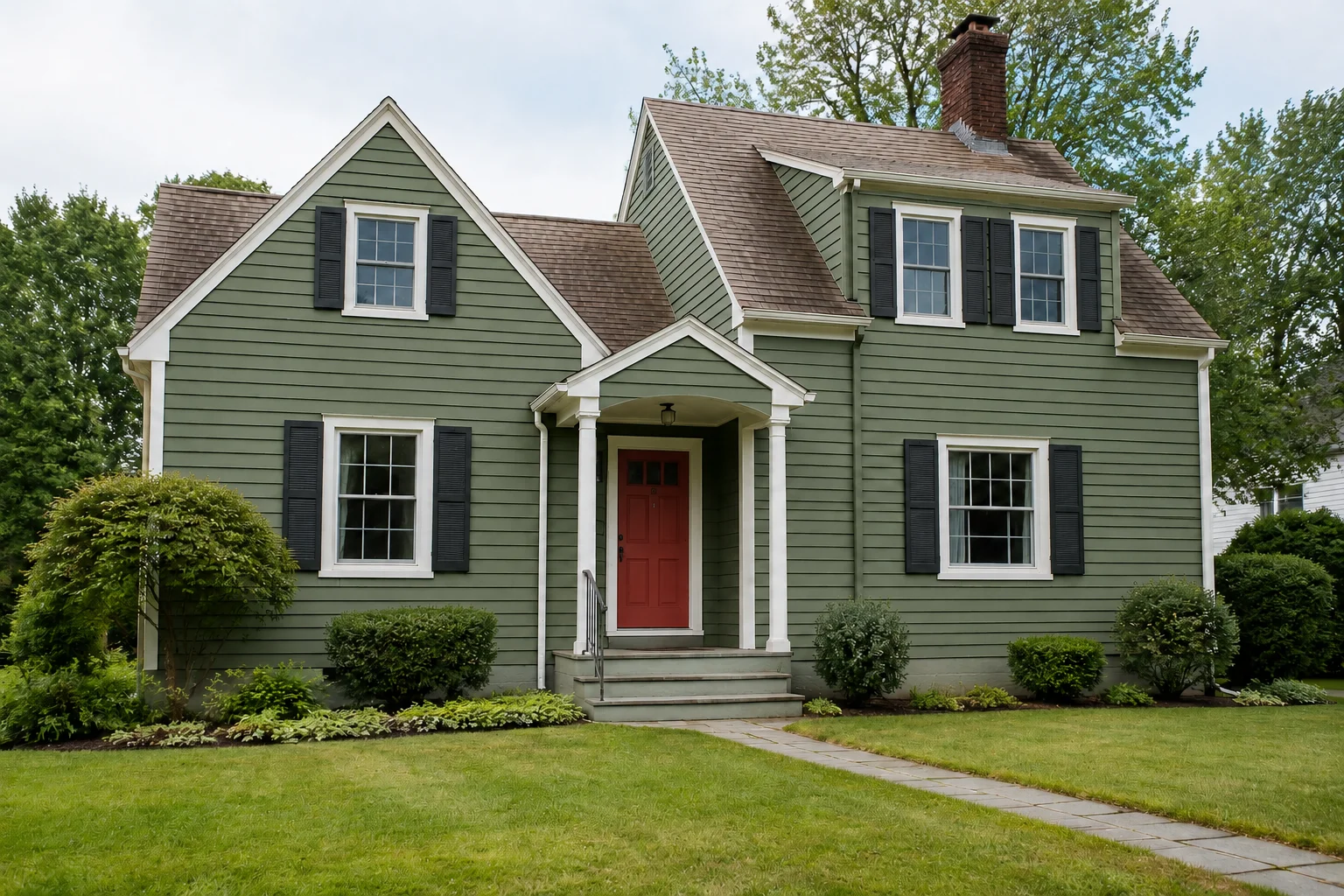 Residential house exterior with a pitched roof, upper balcony and ground-floor entrance.