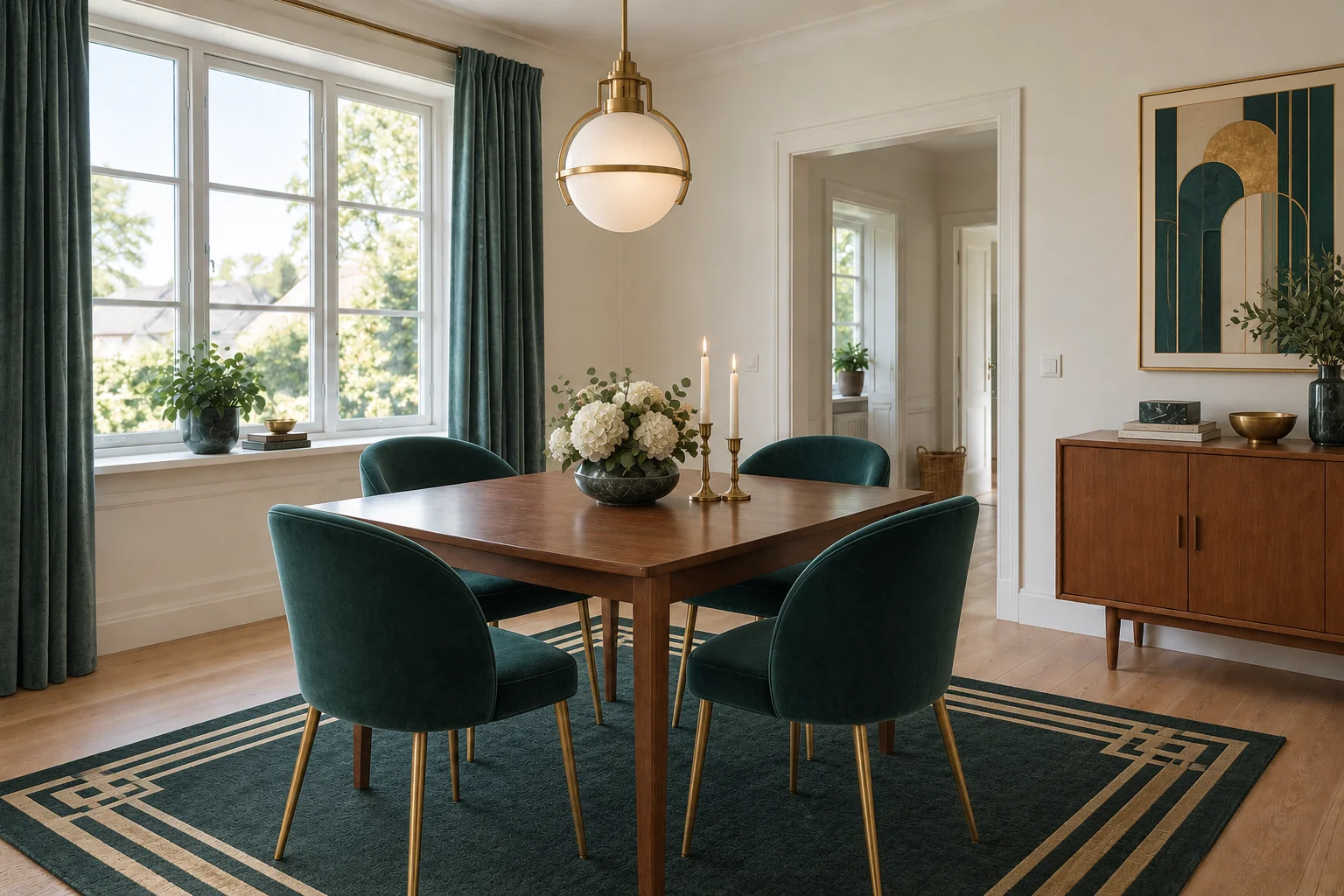 Art Deco dining room concept with teal velvet chairs, a brass pendant, geometric artwork and a patterned rug.