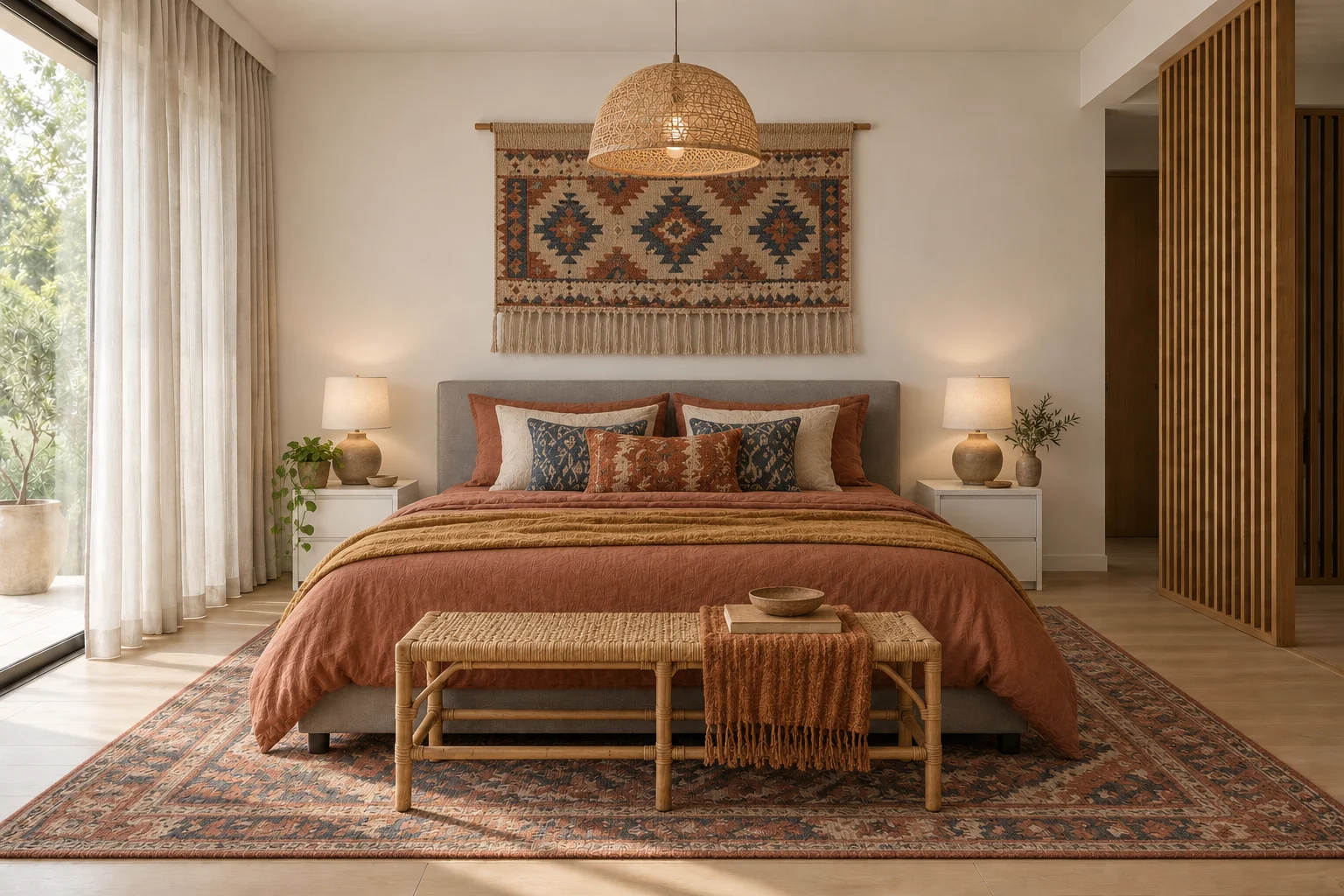 Bohemian bedroom concept with terracotta bedding, patterned cushions, woven lighting and leafy plants.