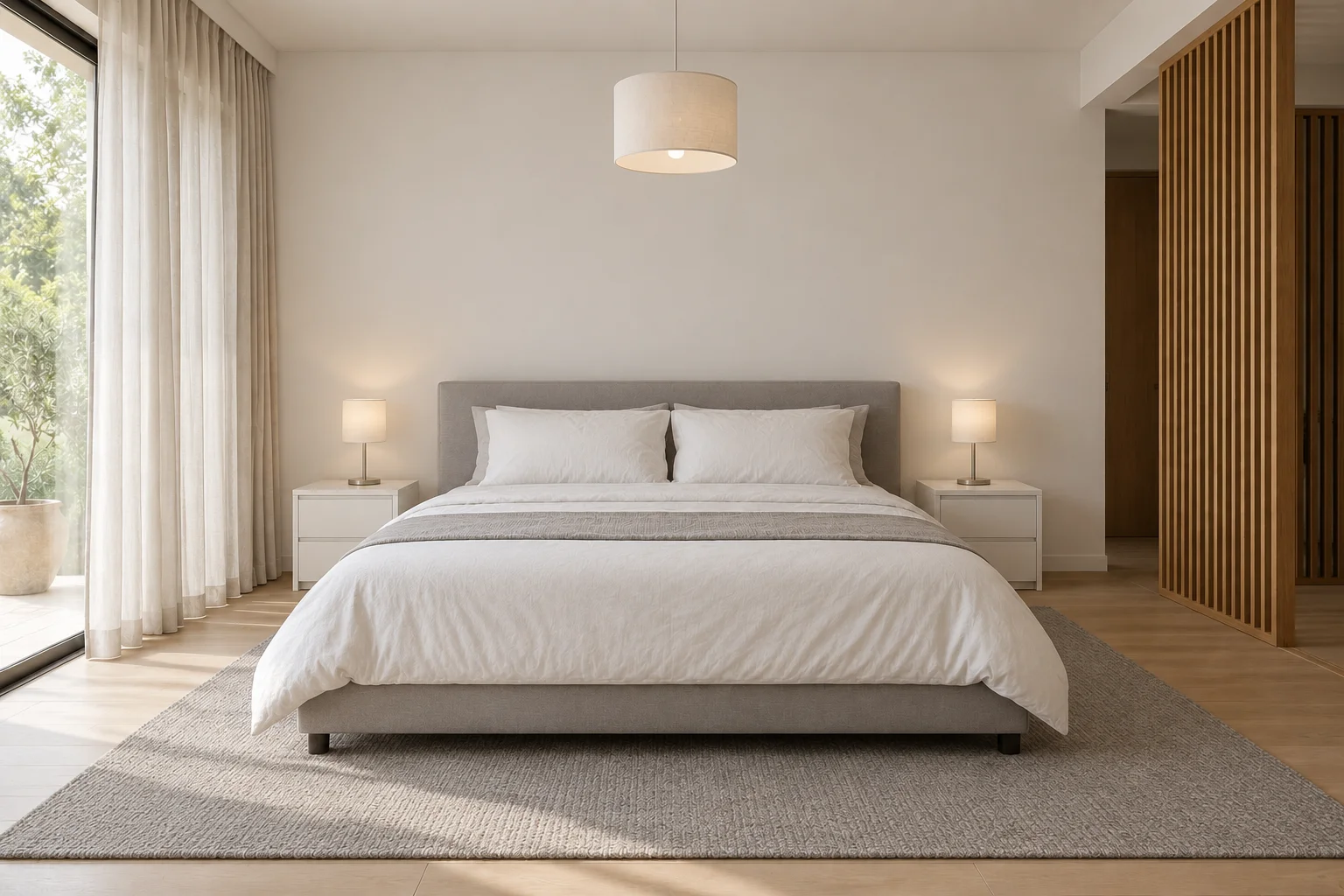 Bedroom before decoration, with a gray upholstered bed, white bedside tables and neutral bedding.