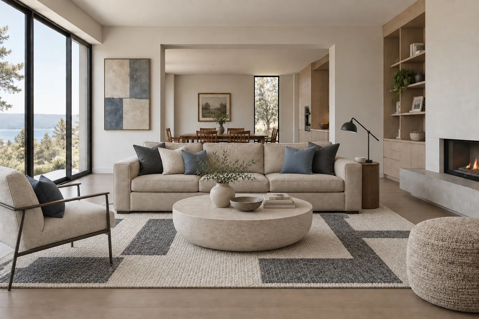 Modern living room concept with a stone coffee table, abstract art, coordinated cushions and a geometric rug.