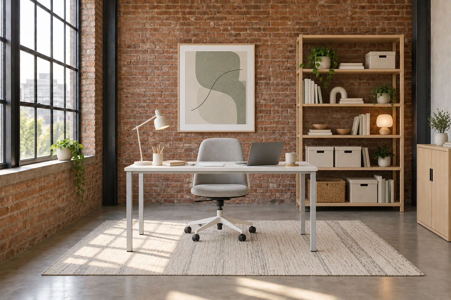 Scandinavian home office concept with pale wood shelving, a light upholstered chair, a soft rug and green accents.