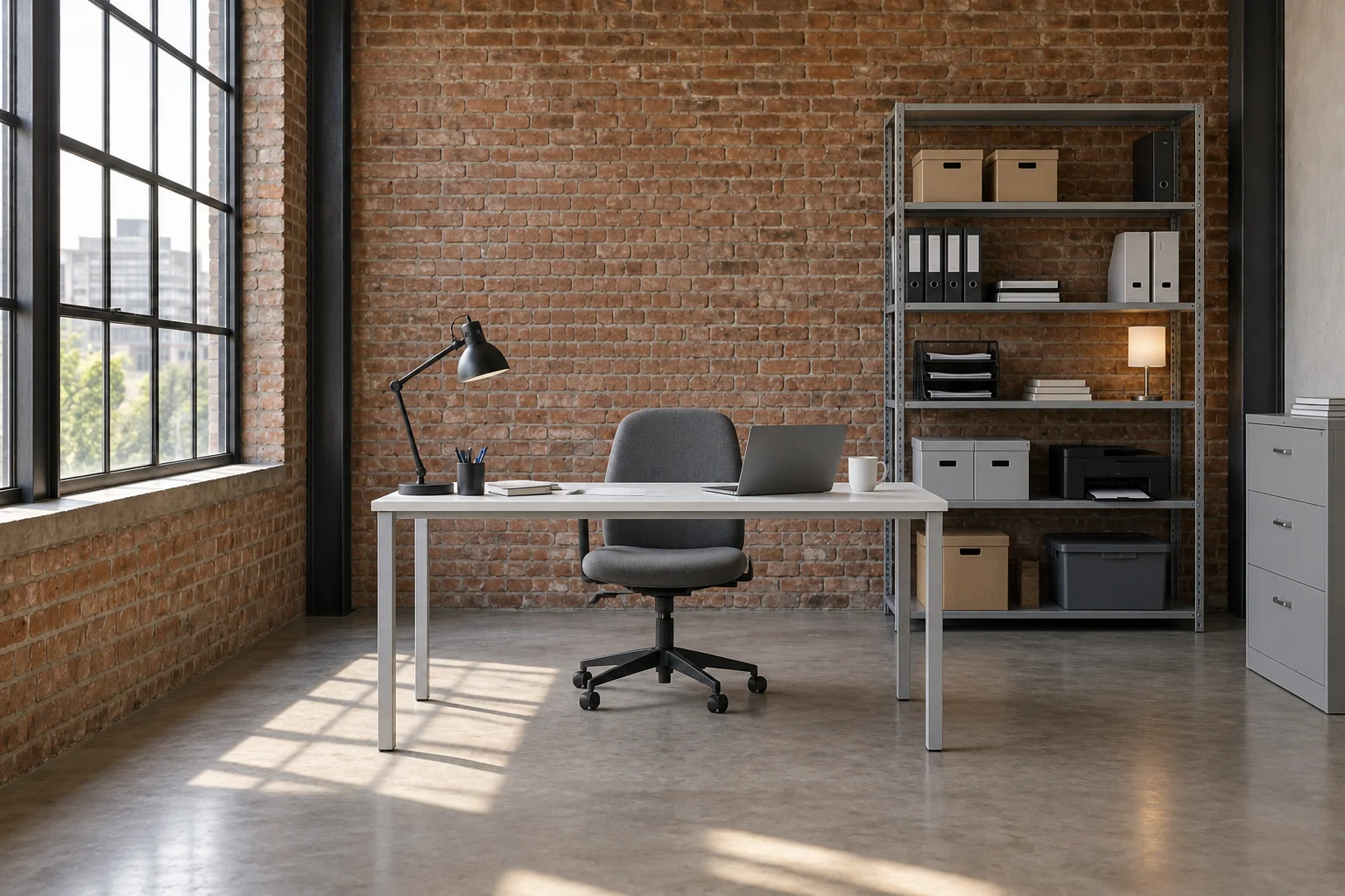 Home office before decoration, with a white desk, gray shelves, a filing cabinet and exposed brick walls.