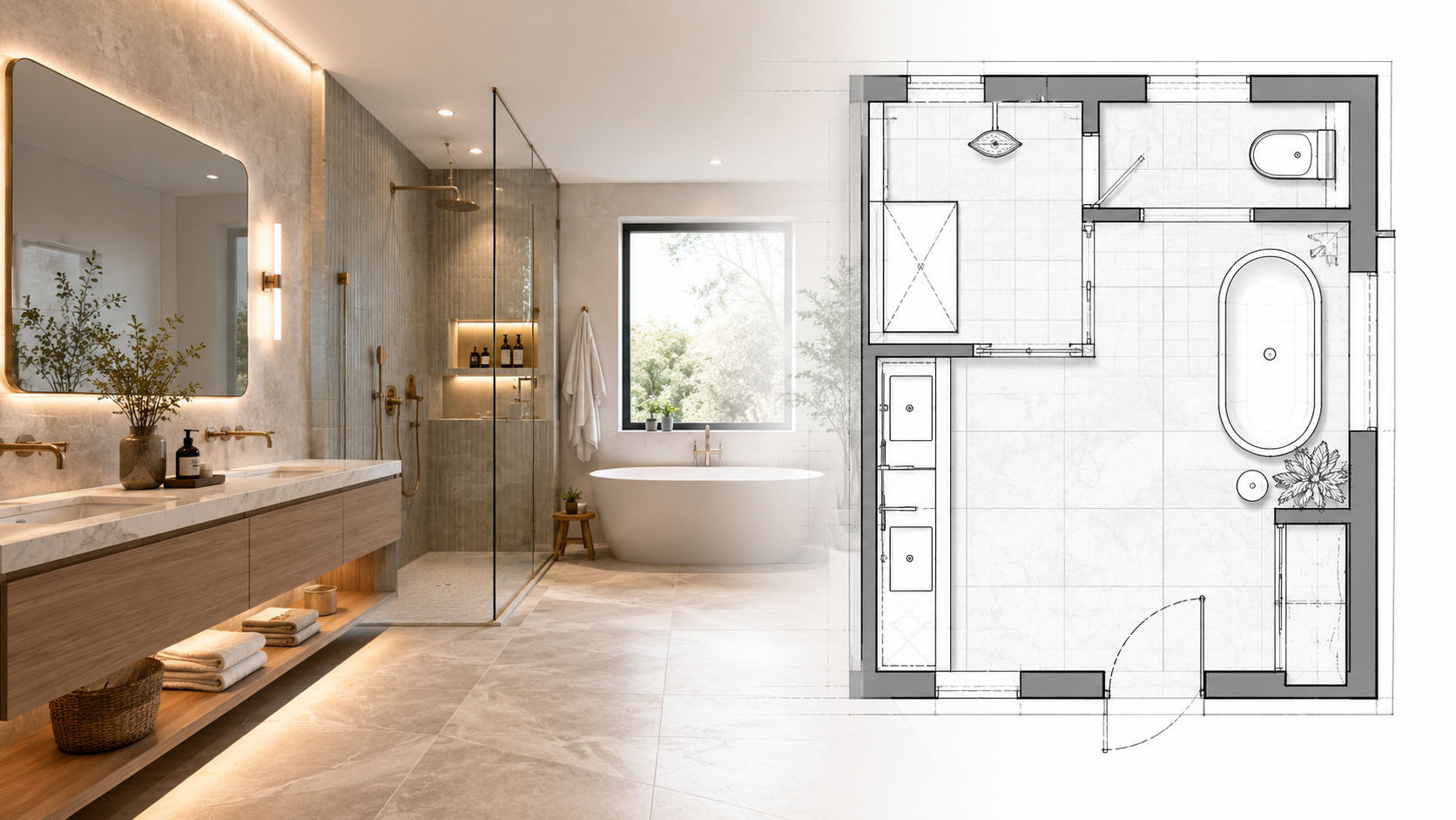 AI bathroom design and layout planner showing a modern bathroom rendering with vanity, shower, bathtub, tiles, and floor plan