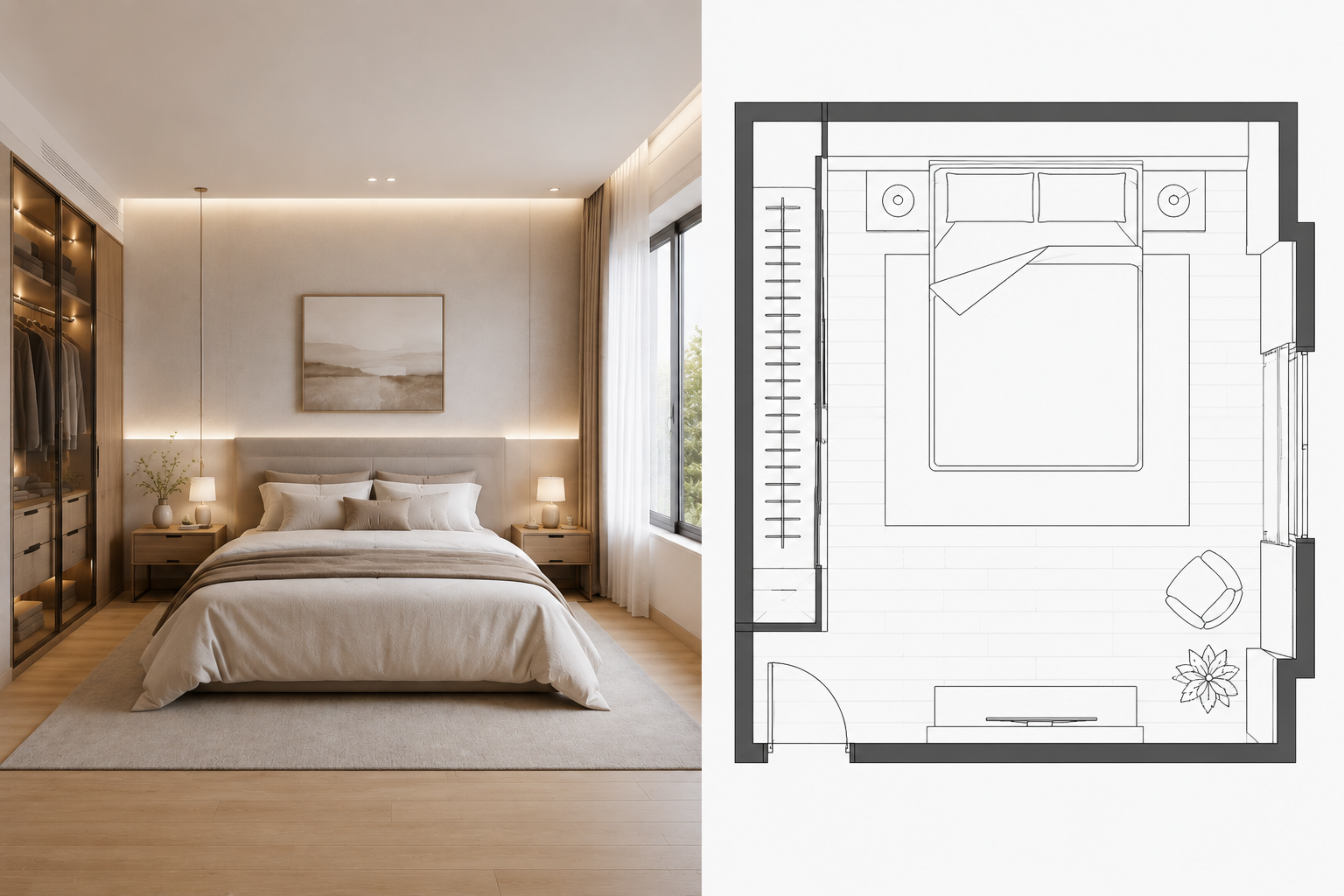 AI bedroom design and bedroom layout generator showing a modern bedroom rendering with bed, wardrobe, lighting, decor, and CAD floor plan