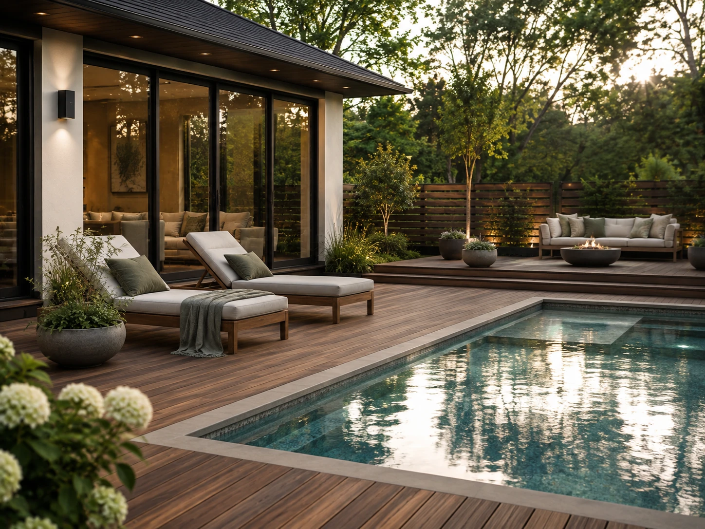 AI deck design creating a modern backyard terrace with layered decking, outdoor seating, and garden landscaping