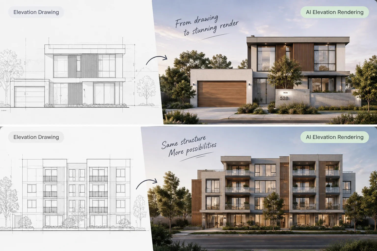 AI elevation rendering before and after comparison from architectural drawings to realistic building renders