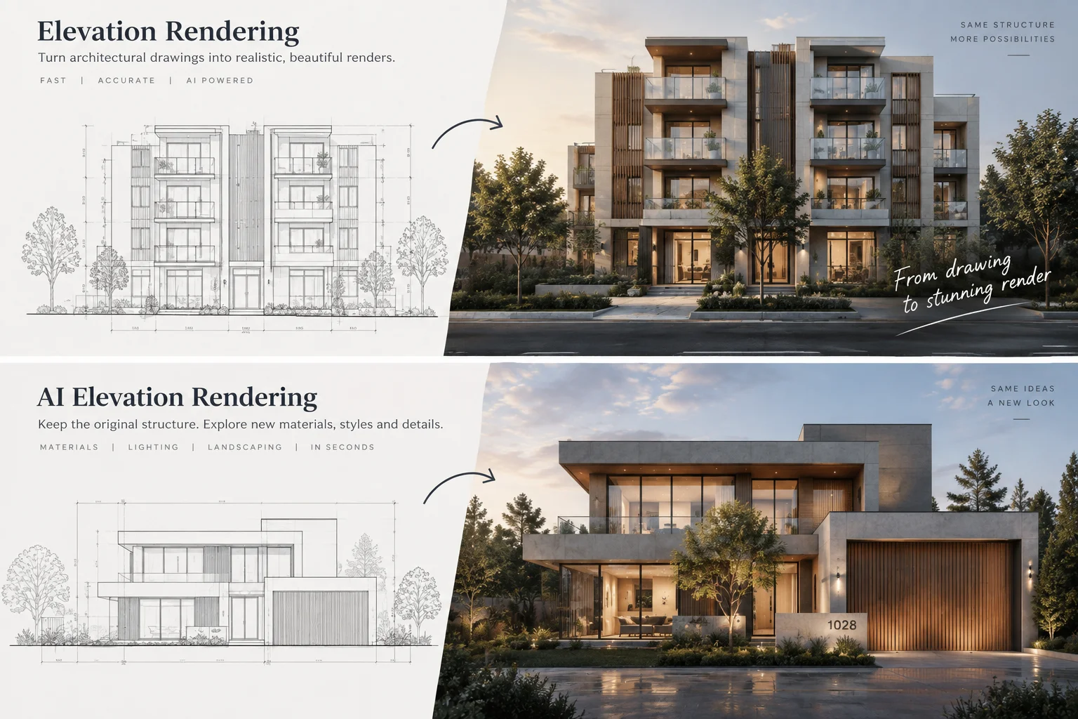 Modern villa elevation drawing transformed into a realistic AI architectural render