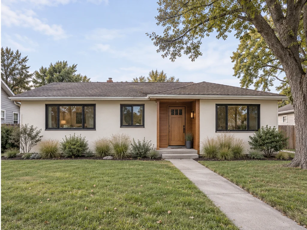 Ranch house exterior concept with a warm ivory facade, cedar entry accents and dark window frames.