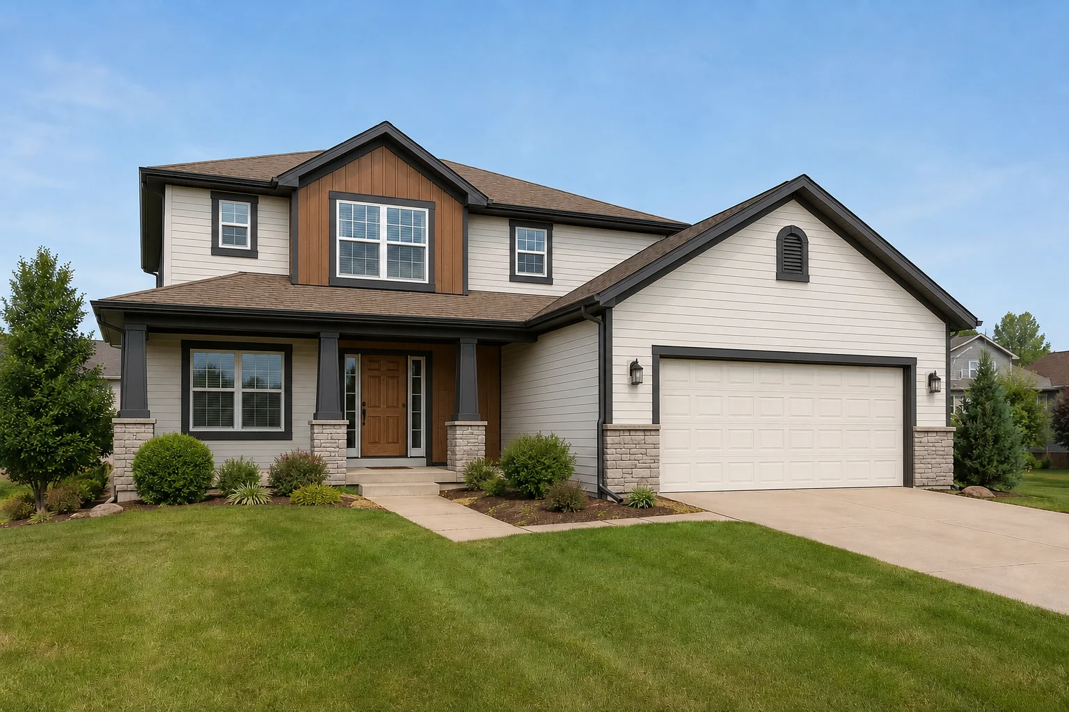 House exterior with updated siding, wood accents, and stone materials