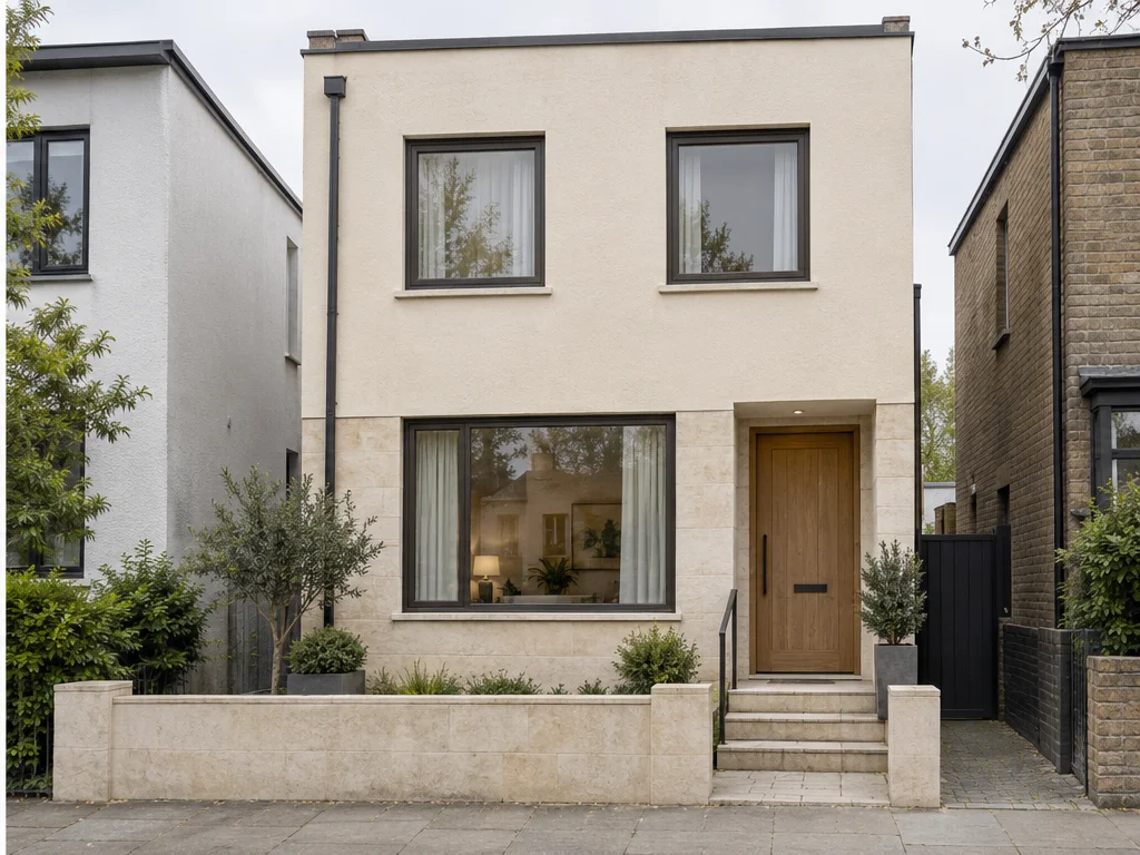 Townhouse exterior concept with cream stucco, a light stone-look base, bronze window frames and a wood door.