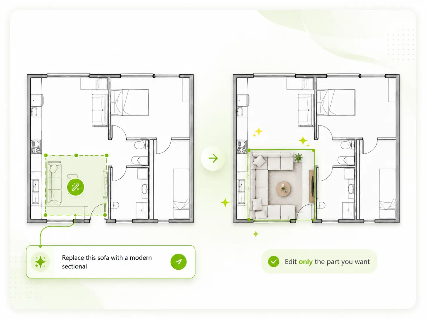 AI floor plan editor showing a selected room updated with local editing