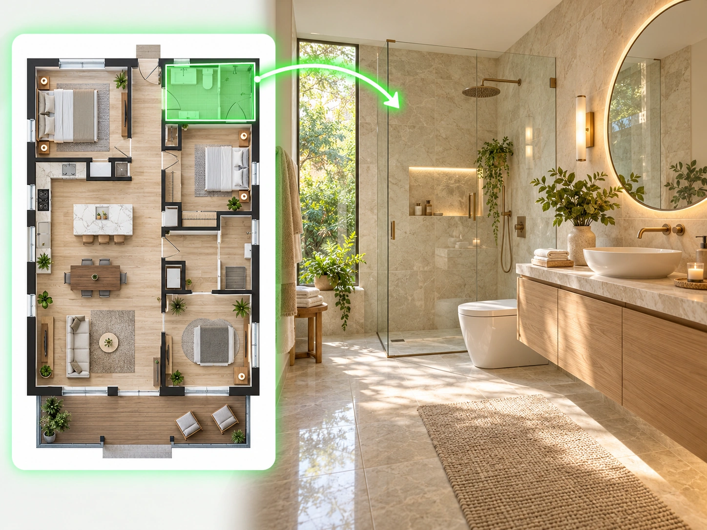 Complete floor plan with a bathroom highlighted and converted into a realistic modern bathroom render