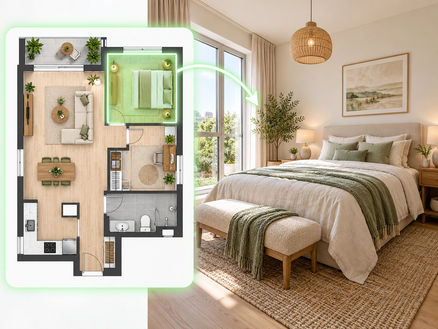 Complete apartment floor plan with a bedroom highlighted and converted into a photorealistic bedroom
