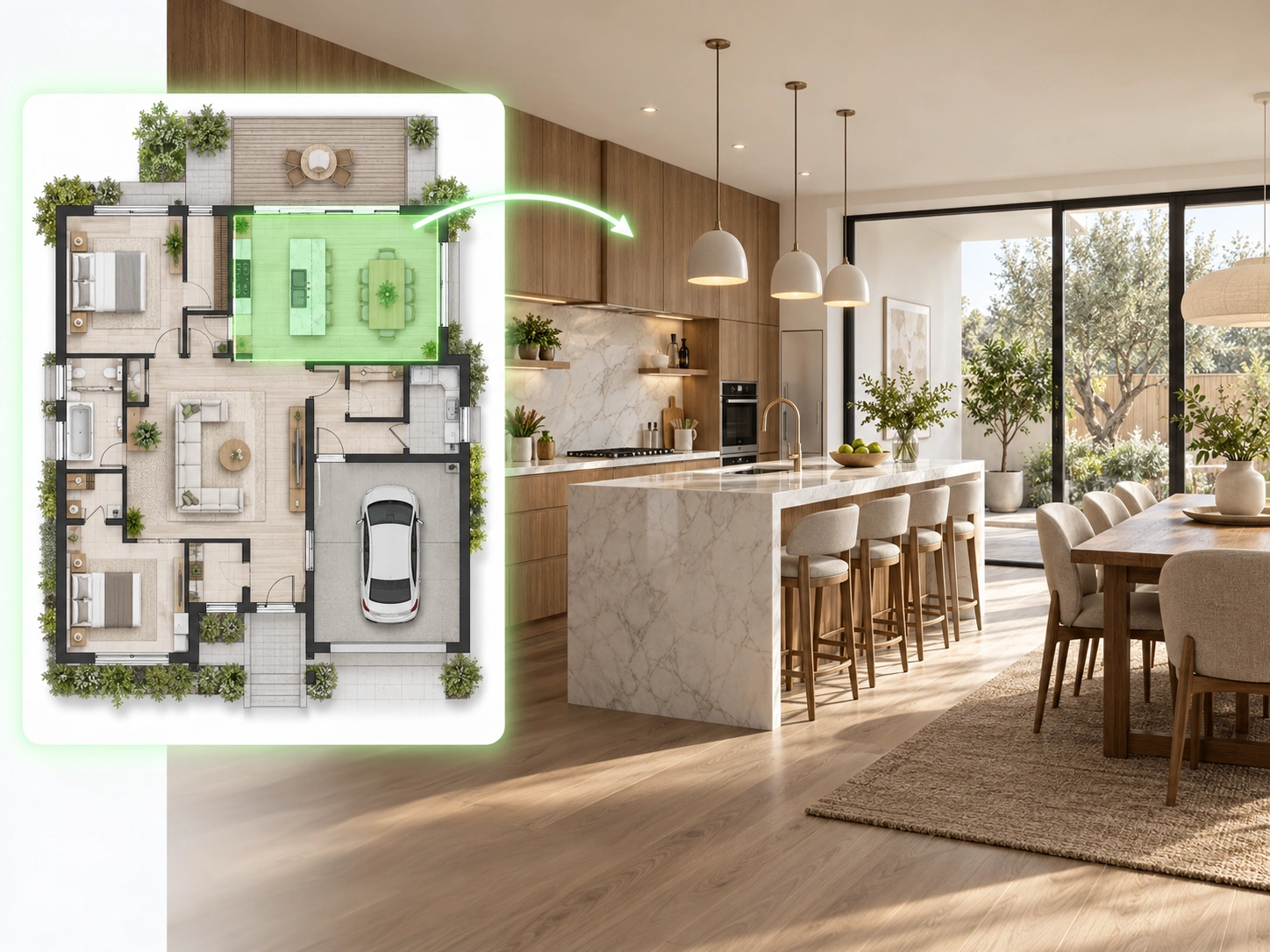 Complete home floor plan with the kitchen and dining area highlighted and converted into a realistic interior render